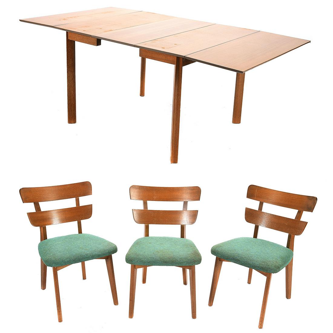 Paul Laszlo Brown-Saltman Drop Leaf Table and Chairs: Paul Laszlo Brown-Saltman Drop Leaf Table and Chairs (4). Paul Laszlo (1900-1993). Maple table with drop-leaves to either side. Straight-sided legs, with incurvate profiles. Comes with additional leaf