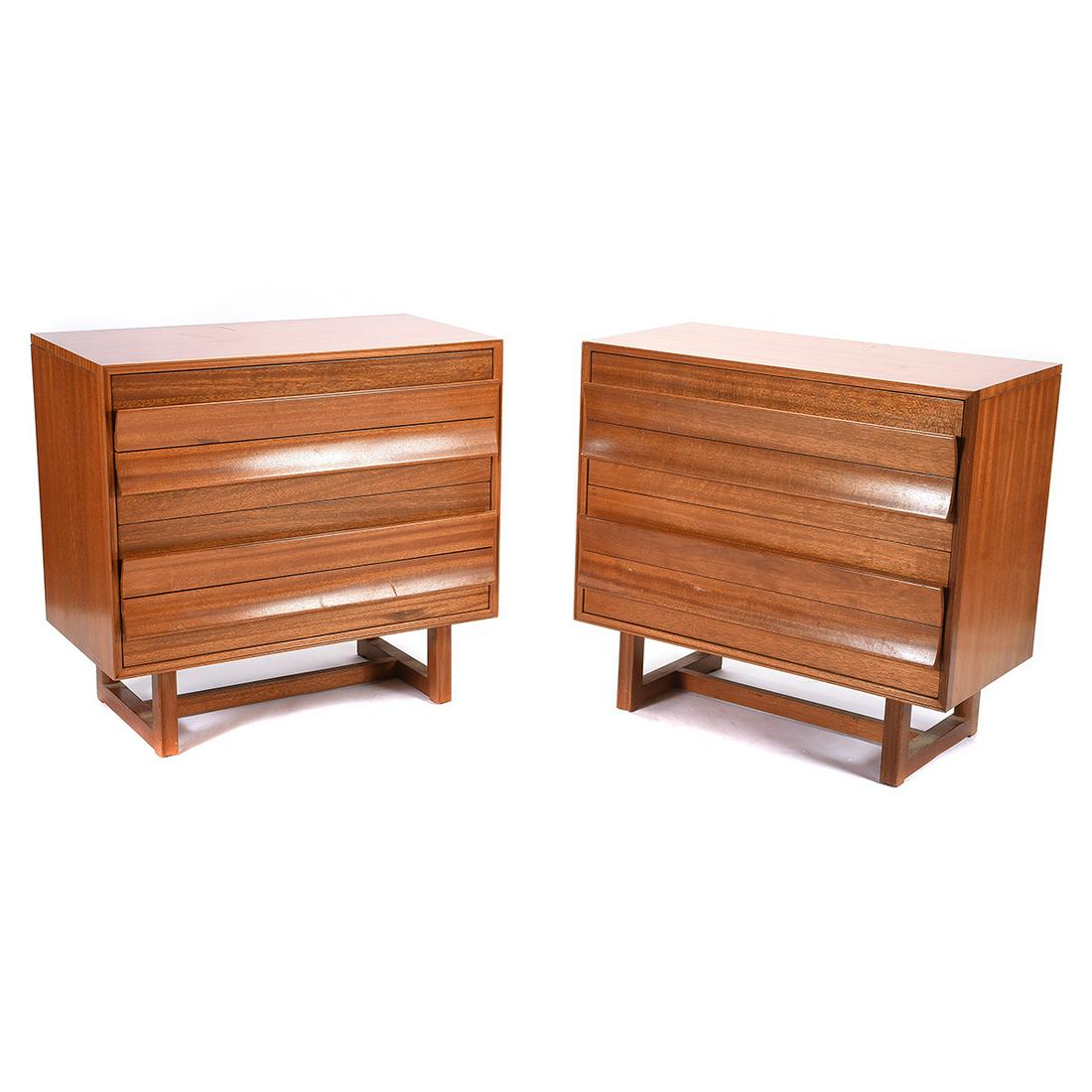 Paul Laszlo Brown-Saltman Pair Dresser Chests.: Paul Laszlo Brown-Saltman Pair Dresser Chests. Paul Laszlo (1900-1993). Pair cerused mahogany dressers on modernist bases. Blade handles. Upper drawer, facsimile signature and Brown-Saltman labels. Ca