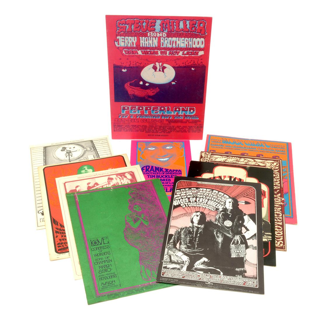 Bill Graham Avalon, Filmore West, Pepperland Handbills: Bill Graham Avalon, Filmore West, Pepperland Handbills (10). Including Victor Moscoso's Moby Grape Handbill, 1967 BG-49; Randy Tuten's Taj Mahal at the Fillmore West,1969, BG-192,and Mark Twain Behren