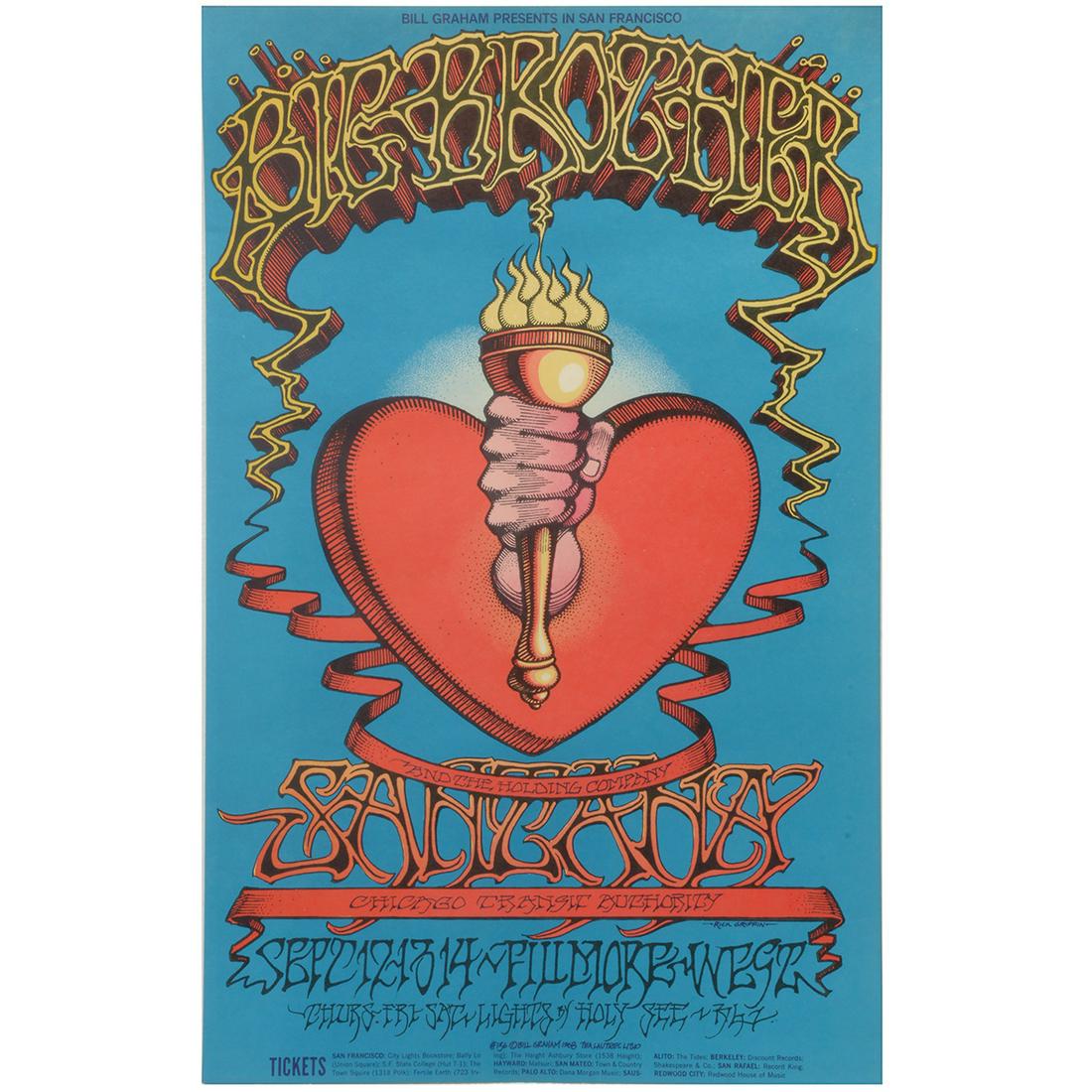 Big Brother & the Holding Company / Santana 1968: Big Brother & the Holding Company / Santana 1968 Poster. Designed by Rick Griffin, Bill Graham number BG-136. Printed Tea Litho, San Francisco. {Approximate dimensions: 22 high x 14 inches wide.}. Con