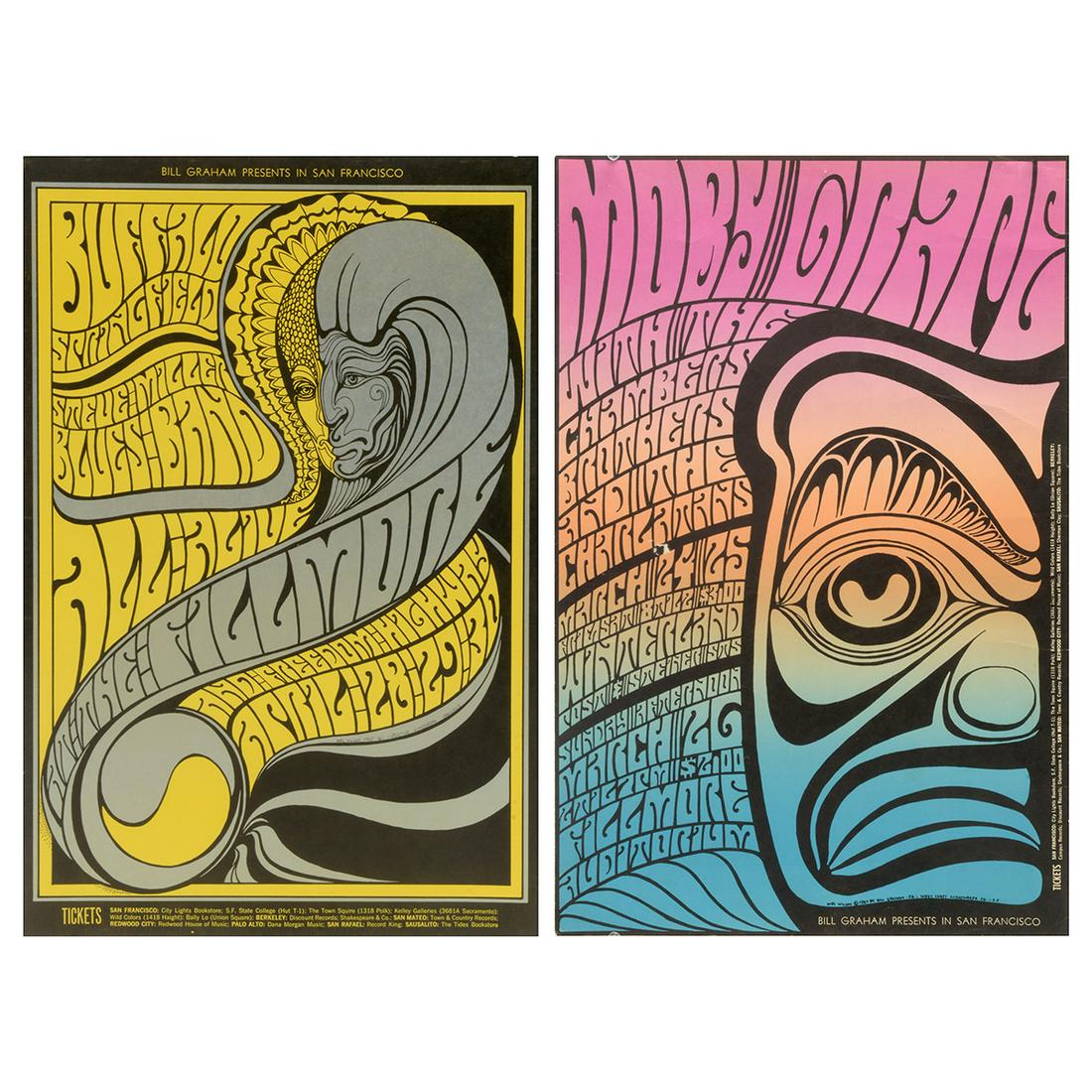 Bill Graham Fillmore West Posters Moby Grape, Buffalo: Bill Graham Fillmore West Posters Moby Grape, Buffalo Springfield, 1967 (2). Both posters designed by Wes Wilson for concerts at the Fillmore West in 1967. BG-56 and BG-61. Wes Wilson Copyright 1967 b