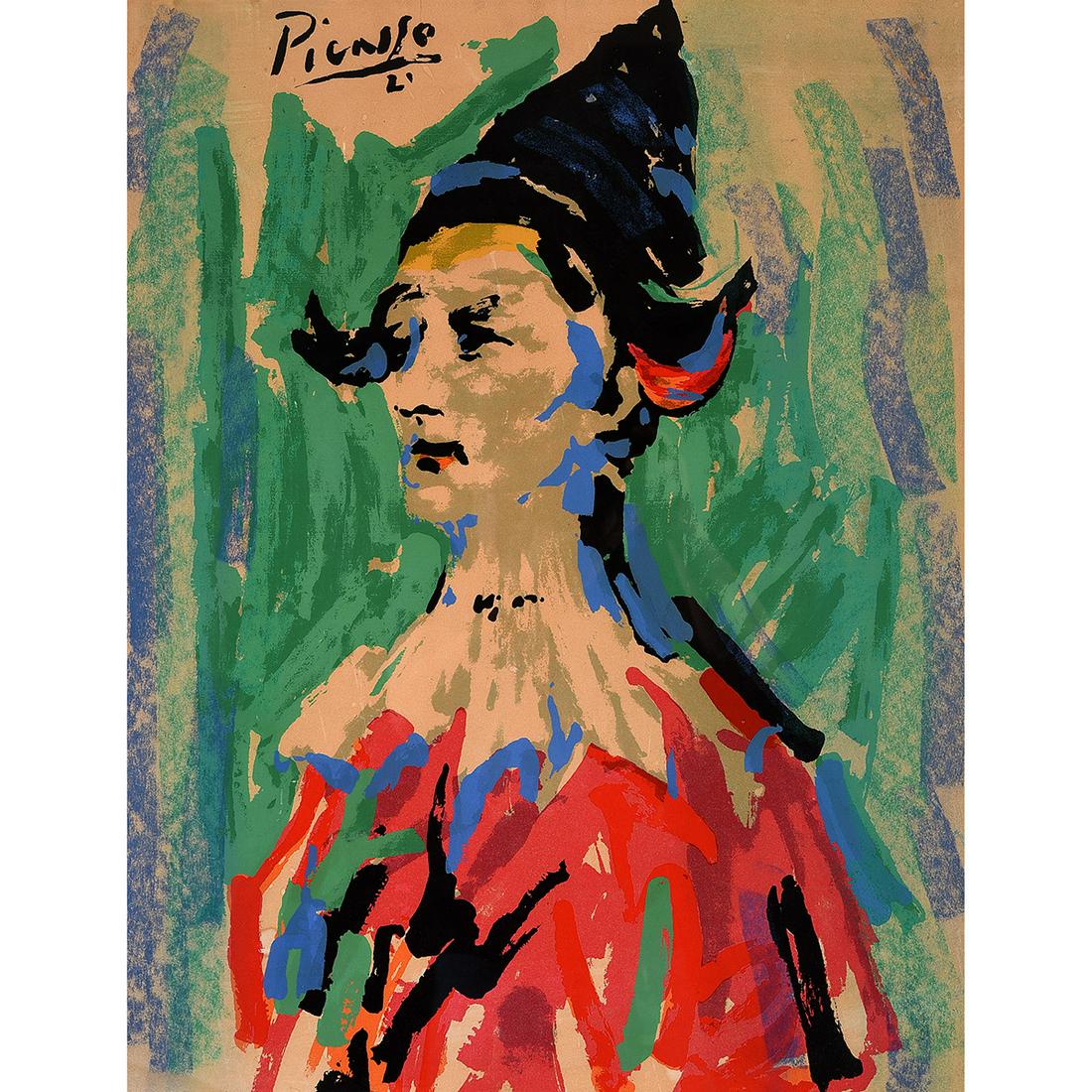 After Pablo Picasso "Harlequin" lithograph: After PABLO PICASSO (Spanish 1881-1973) "Harlequin" Lithograph on toned paper. Sight: 27 1/2 x 21 1/4 inches; Frame: 31 3/8 x 25 1/4 inches. Signed in the stone upper left corner: Picasso. (Condition: