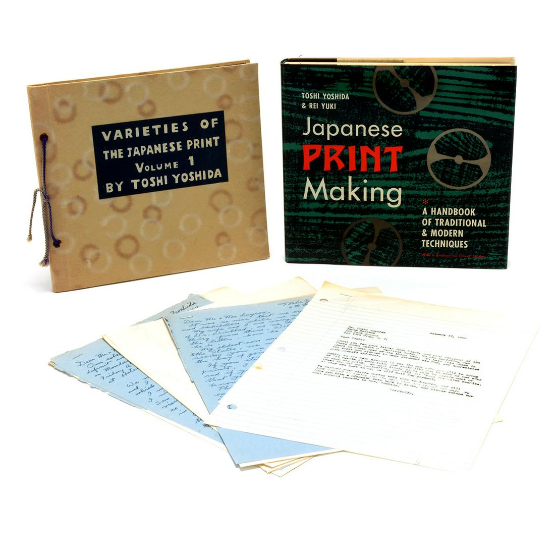 Toshi Yoshida 2 books with with ephemera: TOSHI YOSHIDA (Japanese 1911-1995) "Varieties of the Japanese Print", "Japanese Print-Making: A handbook of Traditional and Modern Techniques" and Ephemera from the artist and Jack Laycox Book with 20