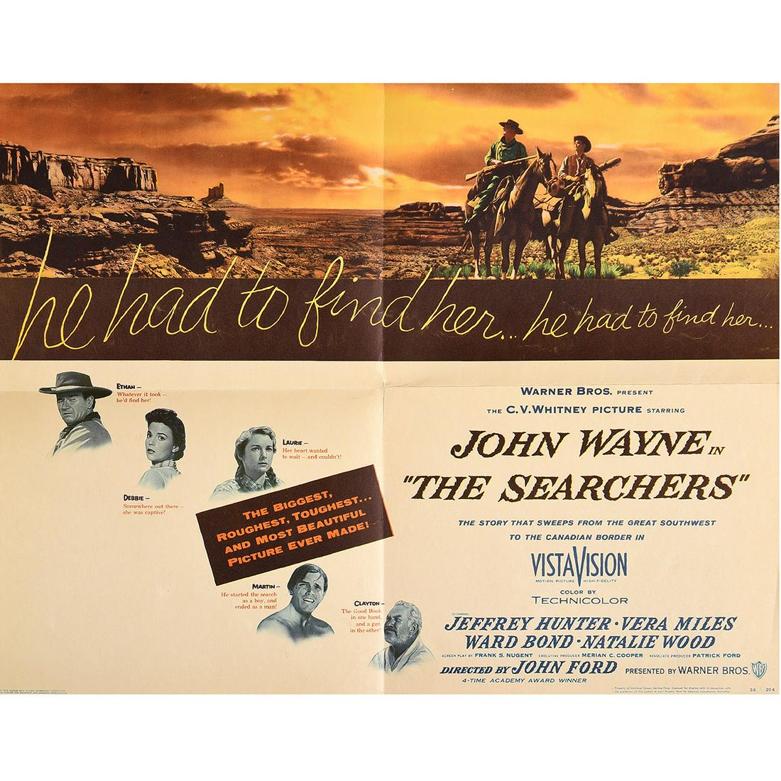 The Searchers Half Sheet Movie Poster, Warner Brothers,: The Searchers Half Sheet Movie Poster, Warner Brothers, 1956. Directed by John Ford, the film stars John Wayne and Jeffry Hunter. {Approximate dimensions, 20 1/4 x 25 1/2 inches}. [Condition: Folded,
