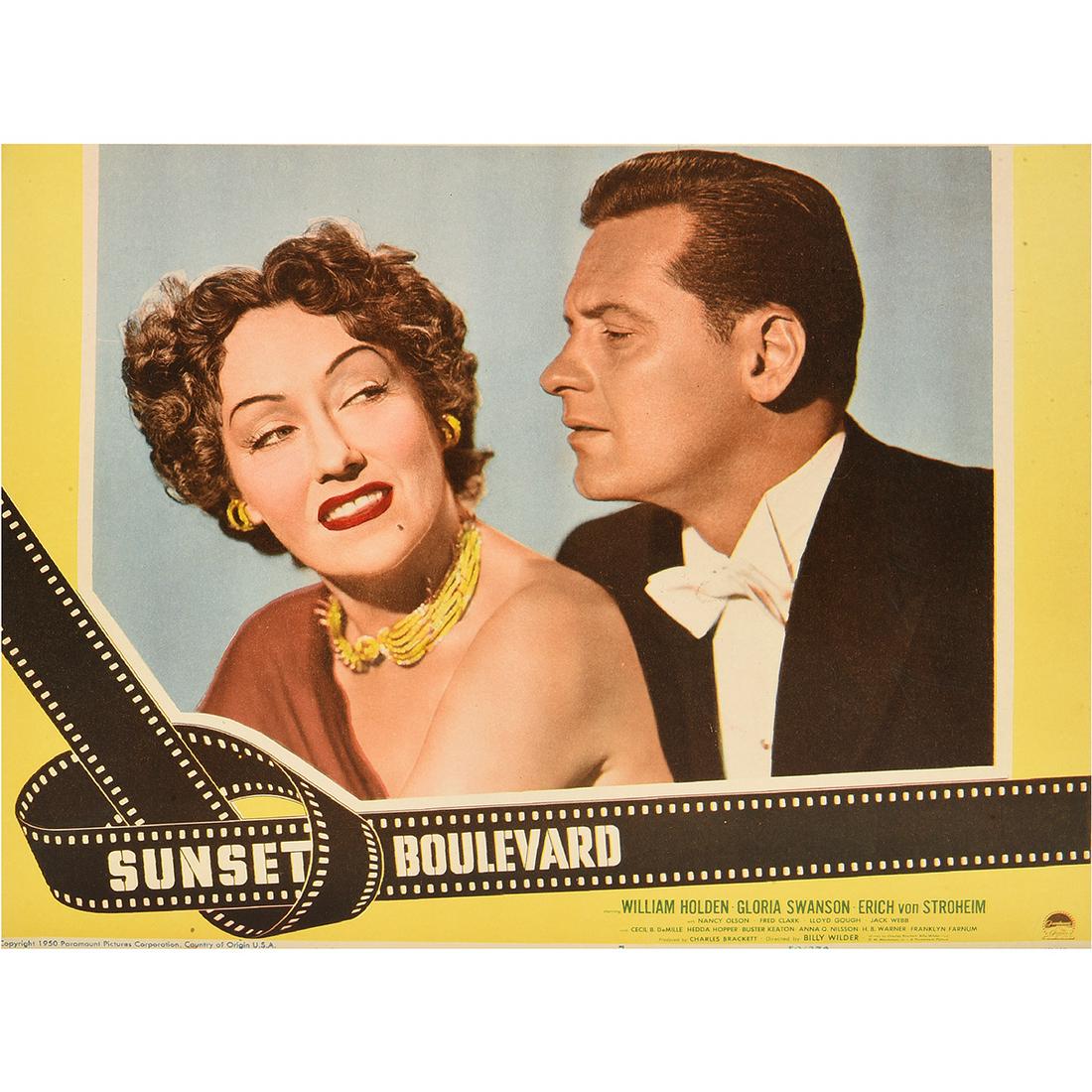 Sunset Boulevard (Paramount, 1950). Lobby Card: Sunset Boulevard (Paramount, 1950). Lobby Card. Starring Gloria Swanson, William Holden, Erich von Stroheim, Nancy Olson, Jack Webb, Fred Clark, Lloyd Gough, Franklyn Farnum, Cecil B. DeMille, Hedda H