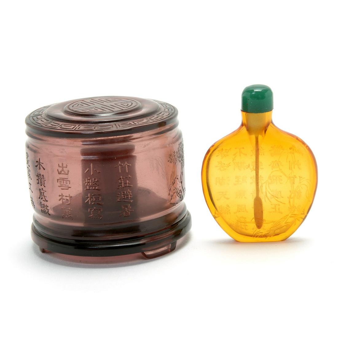 Chinese Peking Glass Snuff Bottle and Thumb Ring Holder: Chinese Peking Glass Snuff Bottle and Thumb Ring Holder. The first item is a translucent amber color glass spade shape snuff bottle, incised a simple landscape and river scene with boat and willow tre