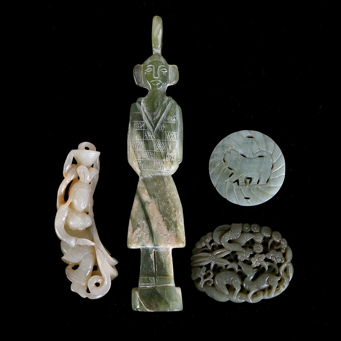 Lot of Four Jade and Hardstone Carving: Group of Four Jade and Hardstone Carving The first a white jade dancers; the second a standing male figure with robe in archaistic decorations; the third a oval shape pale green jade open work pendant
