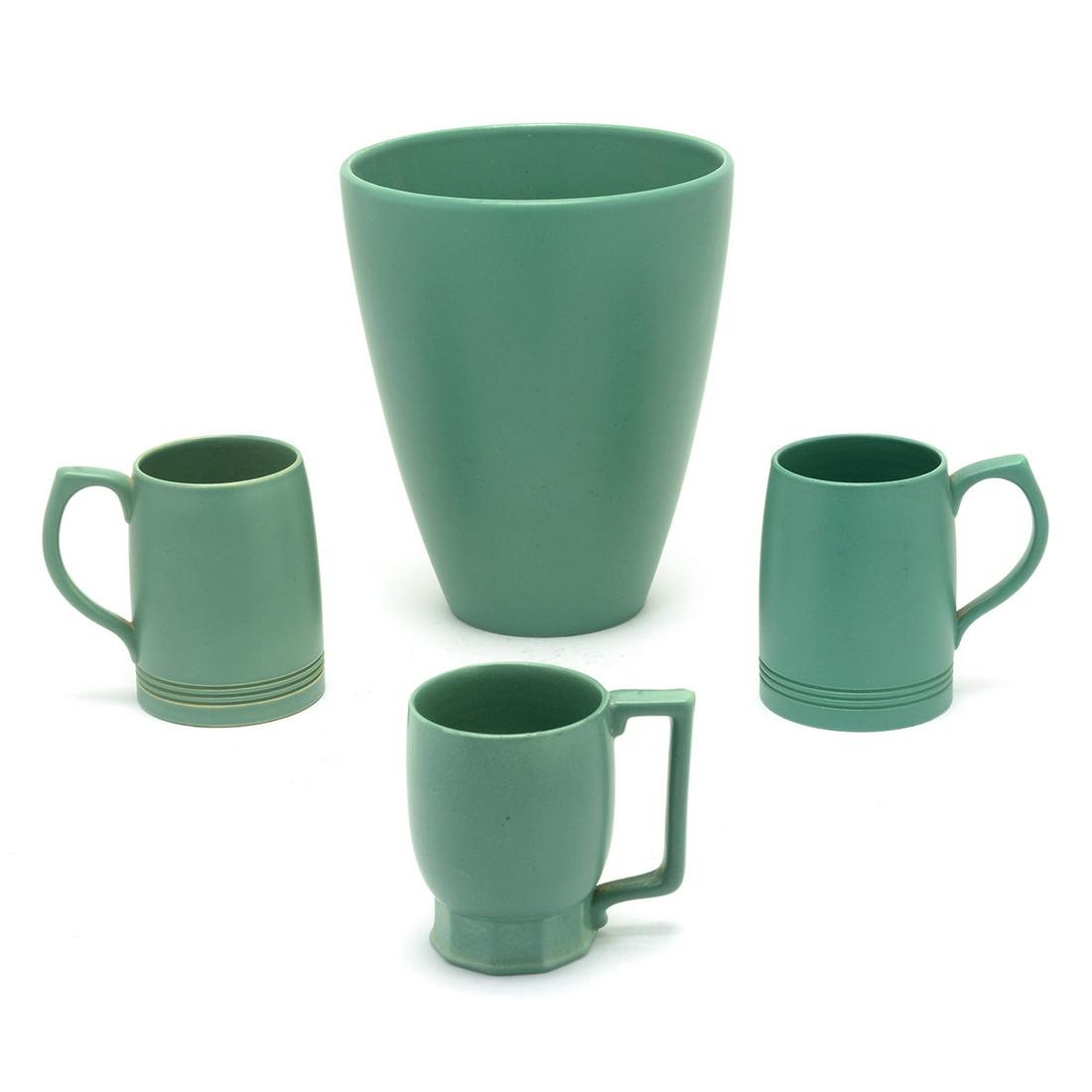 Keith Murray For Wedgwood Celadon Vase with Three Mugs.: Keith Murray For Wedgwood Celadon Vase with Three Mugs. Vase with tapered conical form. Pair of mugs, plus an additional mug. Keith Murray Wedgwood marks to all pieces. Circa 1940. {Approximate dimens