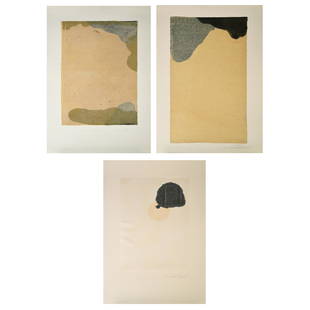 Shoichi Ida 3 "Paper between Stain..." mixed media: SHOICHI IDA (Japanese b. 1941) "Paper between Stain and Stain N.31", "Paper between Stain and Stain #56" and "Surface is the between, Paper on Water No. 20" Mixed media collage print. 39 1/4 x 27 3/4