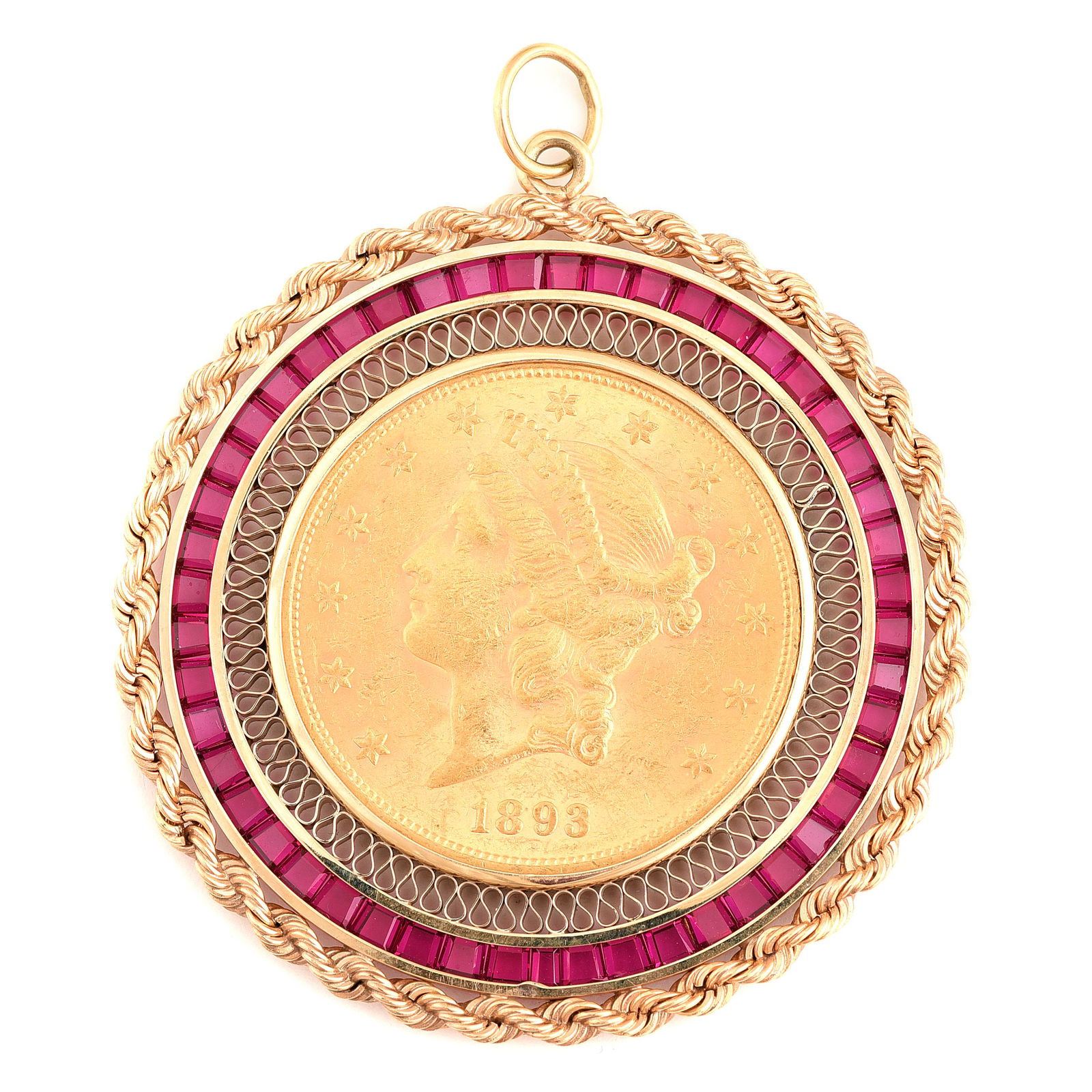 Gold Coin, Synthetic Ruby, 14k Yellow Gold Pendant. (1 of 4)