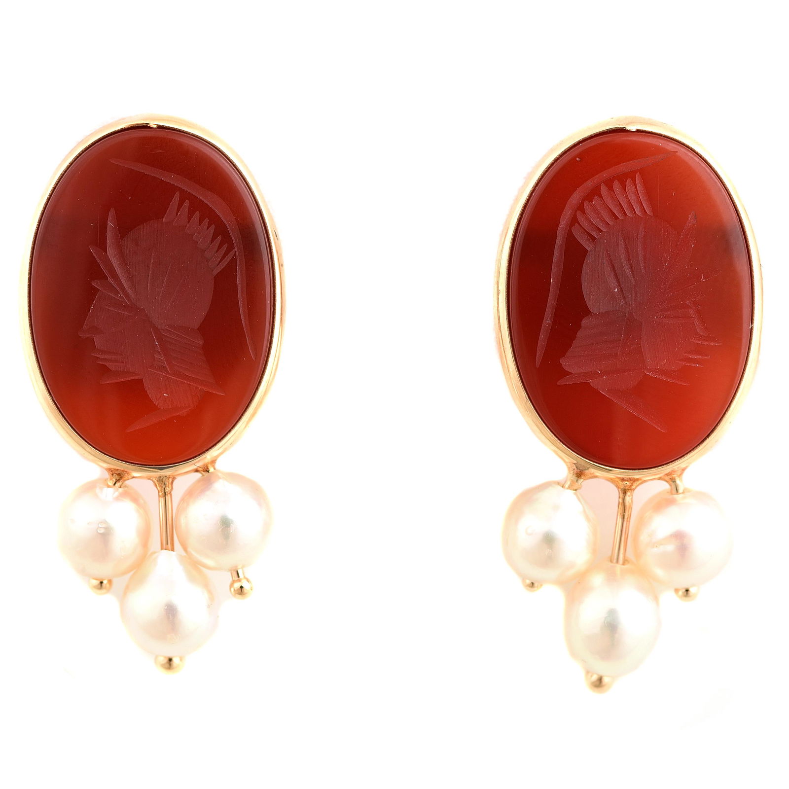 Pair of Carnelian Intaglio, Cultured Pearl, 14k Yellow (1 of 4)