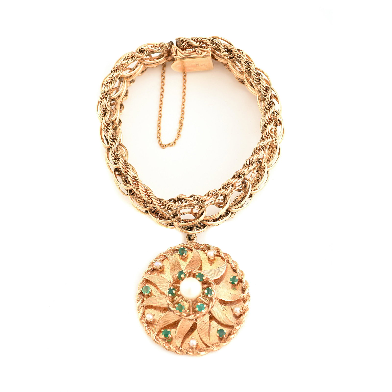 Cultured Pearl, Chalcedony, 14k Yellow Gold Charm: Cultured Pearl, Chalcedony, 14k Yellow Gold Charm Bracelet. Featuring one cultured pearl, round-cut green chalcedony, 14k yellow gold circle charm measuring approximately 37 mm, suspended from a 14k y