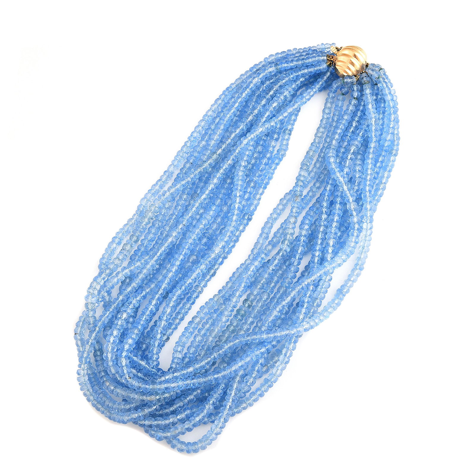 Synthetic Spinel, 14k Yellow Gold Necklace.: Synthetic Spinel, 14k Yellow Gold Necklace. Composed of numerous faceted synthetic spinel beads, completed by a 14k yellow gold fluted clasp with figure eight safety, forming a twelve strand 16 1/2 in