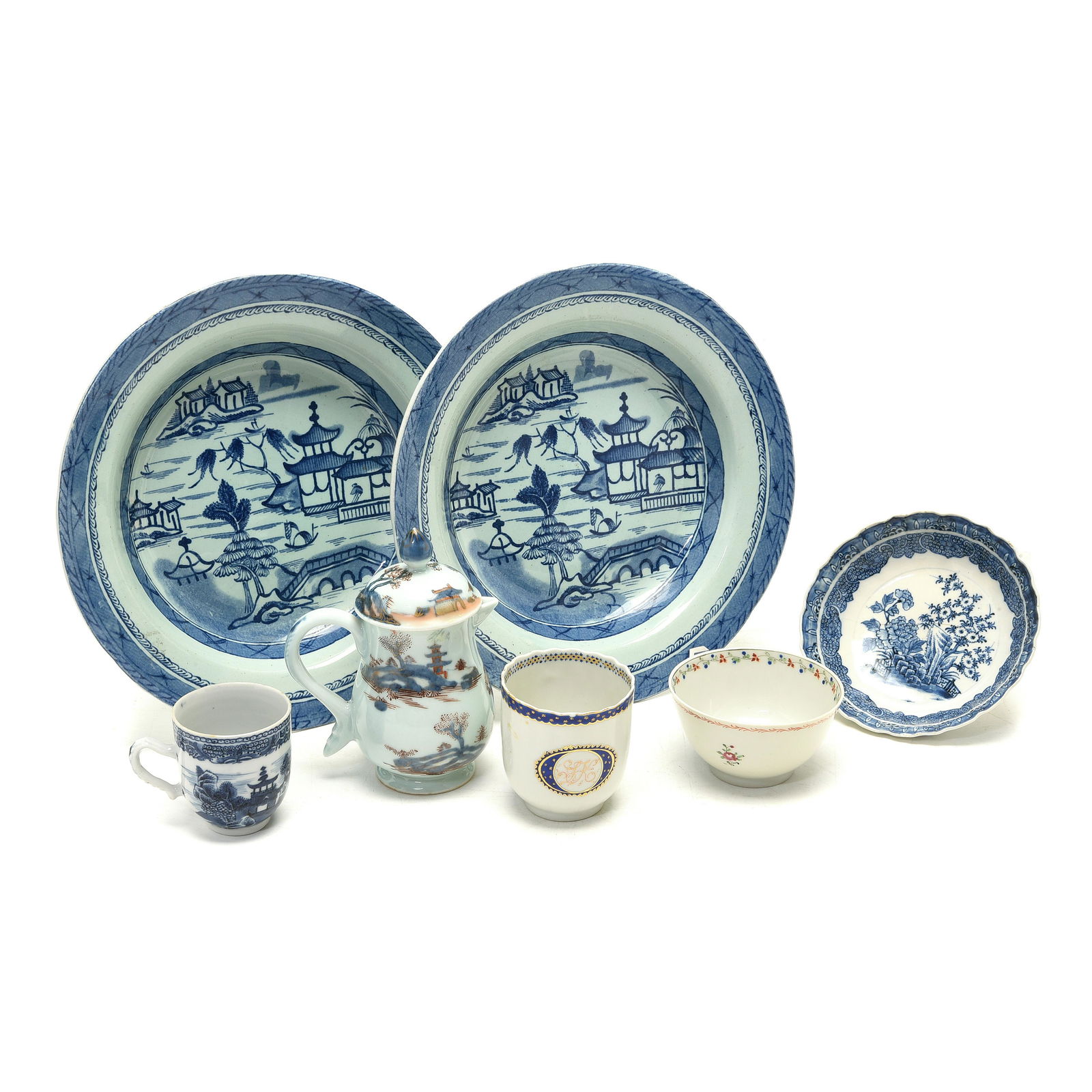 Seven Blue and White Sport Dishes and Cup with Gilt (1 of 4)