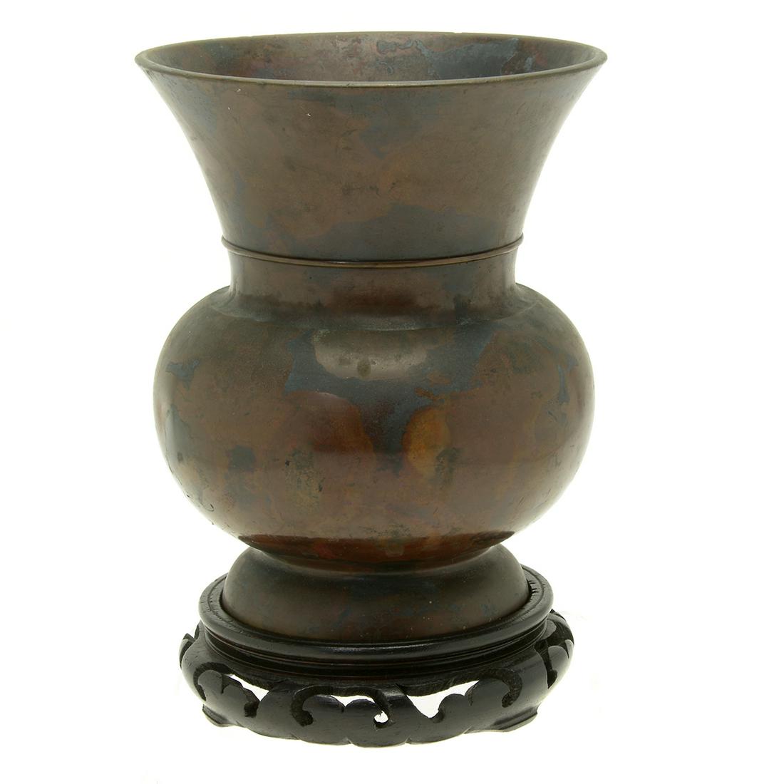 Chinese Bronze Spittoon Zhadou Vase with Wooden Base: Chinese Bronze Spittoon Zhadou Vase with Wooden Base, with a round bulbous body, gently rising wide neck that leads to a flared rim, while resting upon a slightly everted foot. {Approximate height, 8