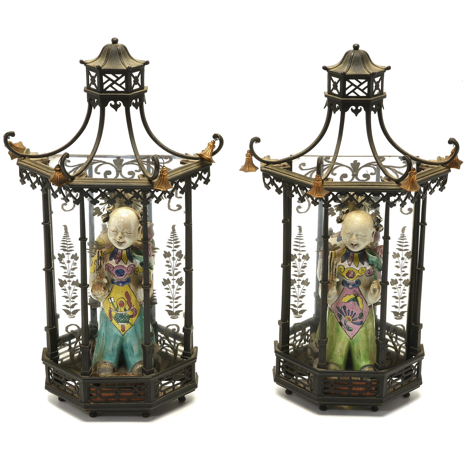 Porcelain Famille Rose Figures in a Mirrored and Metal (1 of 3)