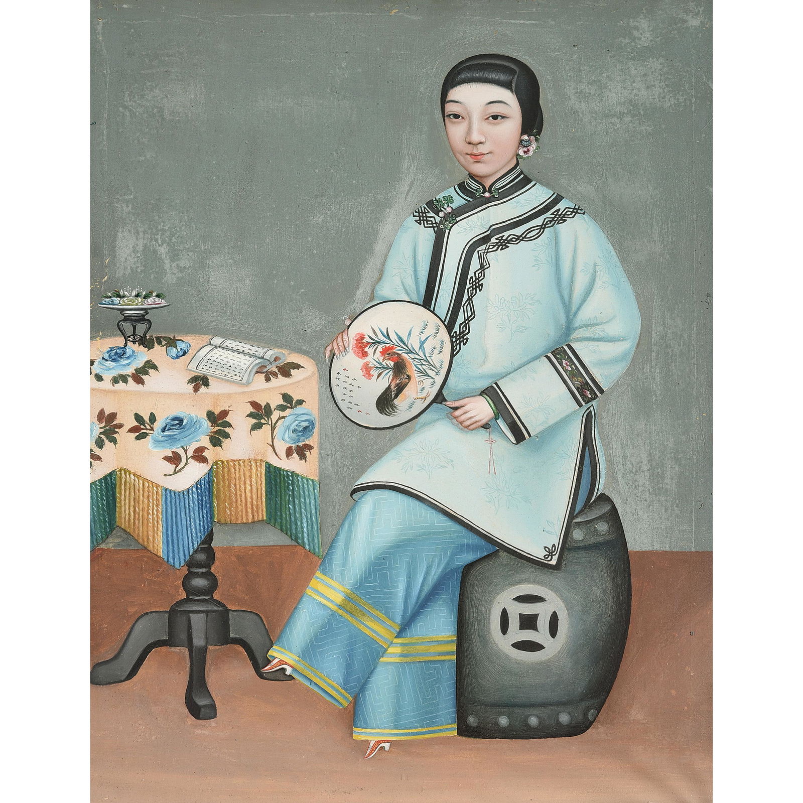 Chinese Framed Oil Painting of Lady Holding a Fan (1 of 4)