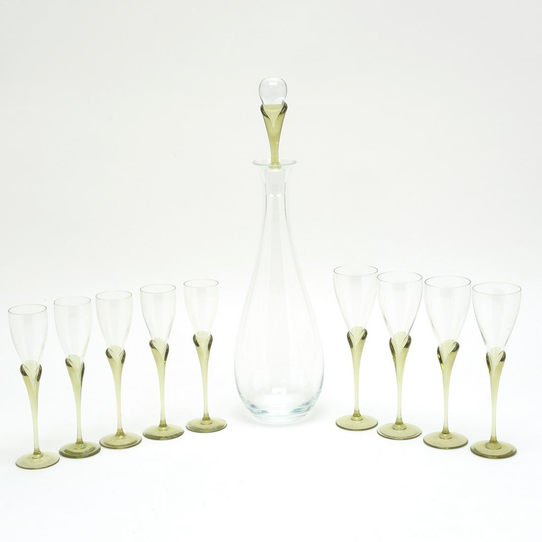 Collection of Rosenthal 'Calice' Studio-Line Stemware: Collection of Rosenthal 'Calice' Studio-Line Stemware and Barware. Green Calice set comprising a decanter, eight brandy glasses, twelve tall sherberts, six sherry glasses, and seven cordial glasses. W