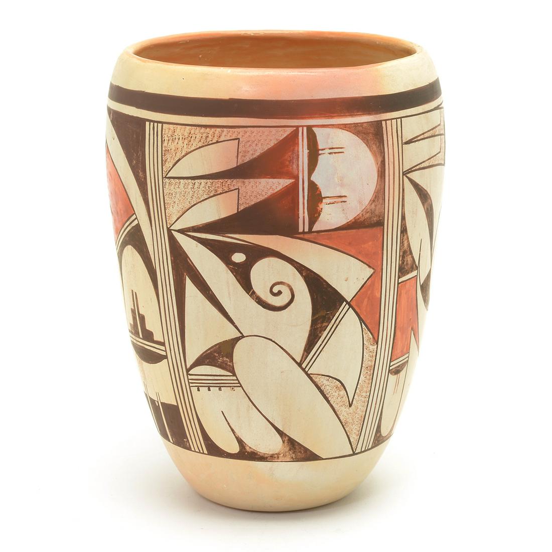 Joy 'Second Frog Woman' Navasie Hopi Pottery Vase.: Joy 'Second Frog Woman' Navasie Hopi Pottery Vase. Joy Navasie (1919-2012). Vase with a slightly tapered cylindrical form with an inverted mouth, decorated with brown and red geometric decoration on a