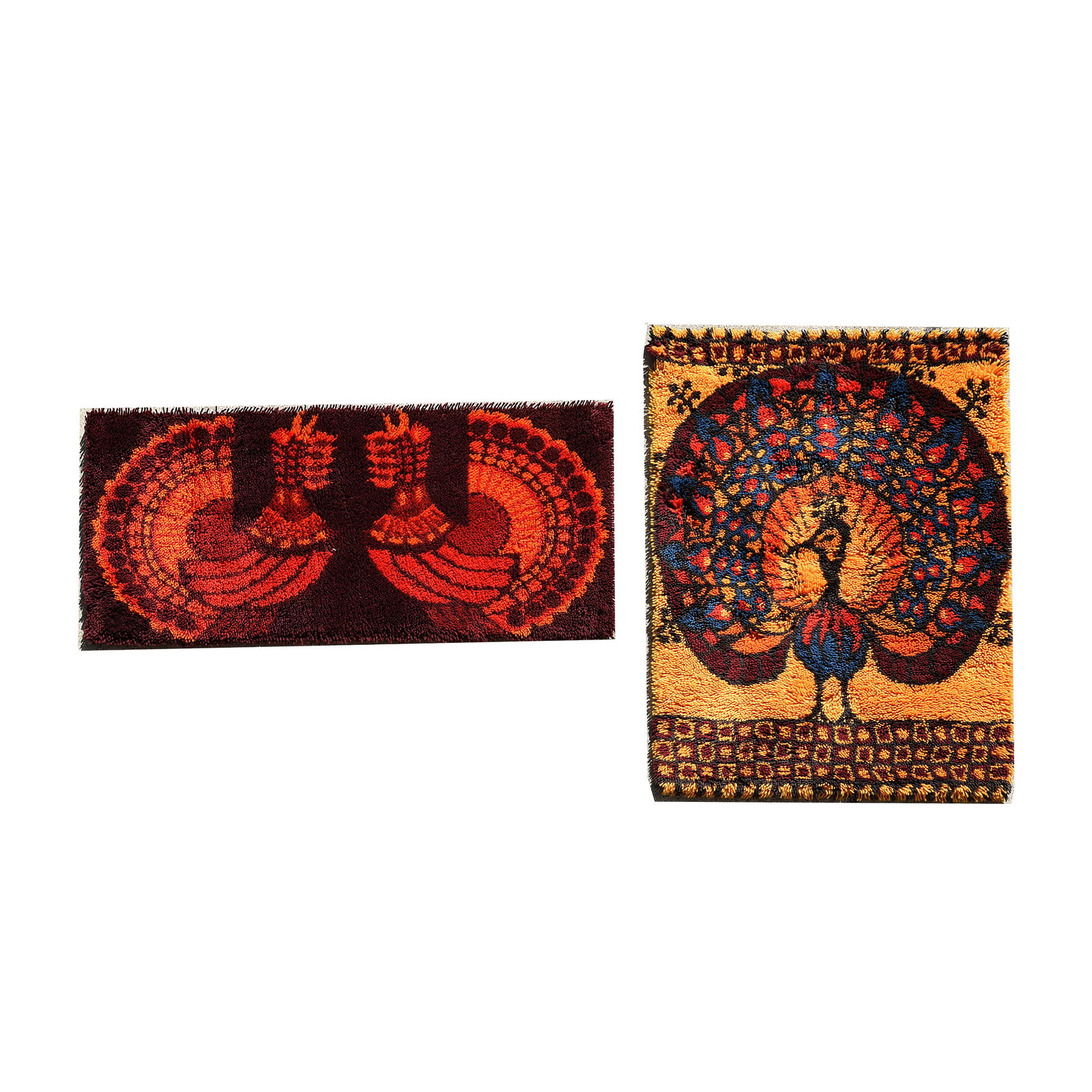 Two Danish Taepper Ege Rya Rugs.: Two Danish Taepper Ege Rya Rugs. One with a peacock on yellow ground, the other with two phoenixes on a burgundy ground. Both with leather 'Taepper Ege' tags. Denmark. Circa 1985. {Approximate dimensi