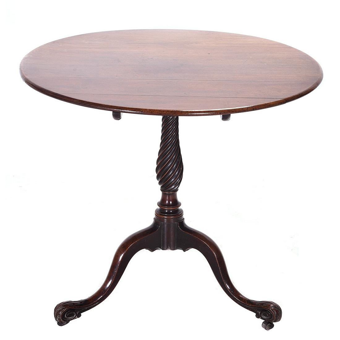 George III Mahogany Tilt-Top Tea Table.: George III Mahogany Tilt-Top Tea Table. Round table set on a tripod pedestal base, with acanthus- decorated feet. Third quarter 18th century. {Approximate dimensions: 28 high x 32 1/2 inches diameter.