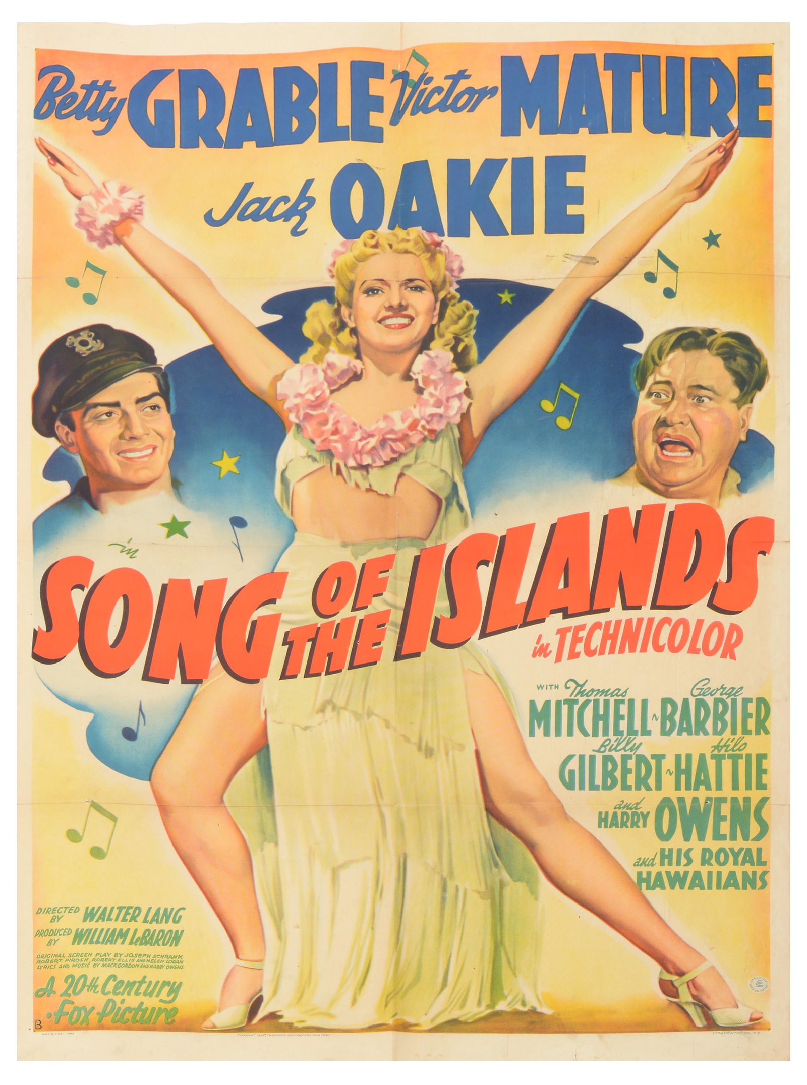 Song of the Islands (20th Century Fox, 1942).: Song of the Islands (20th Century Fox, 1942). Starring Betty Grable, Victor Mature, Jack Oakie, Thomas Mitchell, and George Barbier. Directed by Walter Lang. {Approximate dimensions, 41 x 27 inches}.