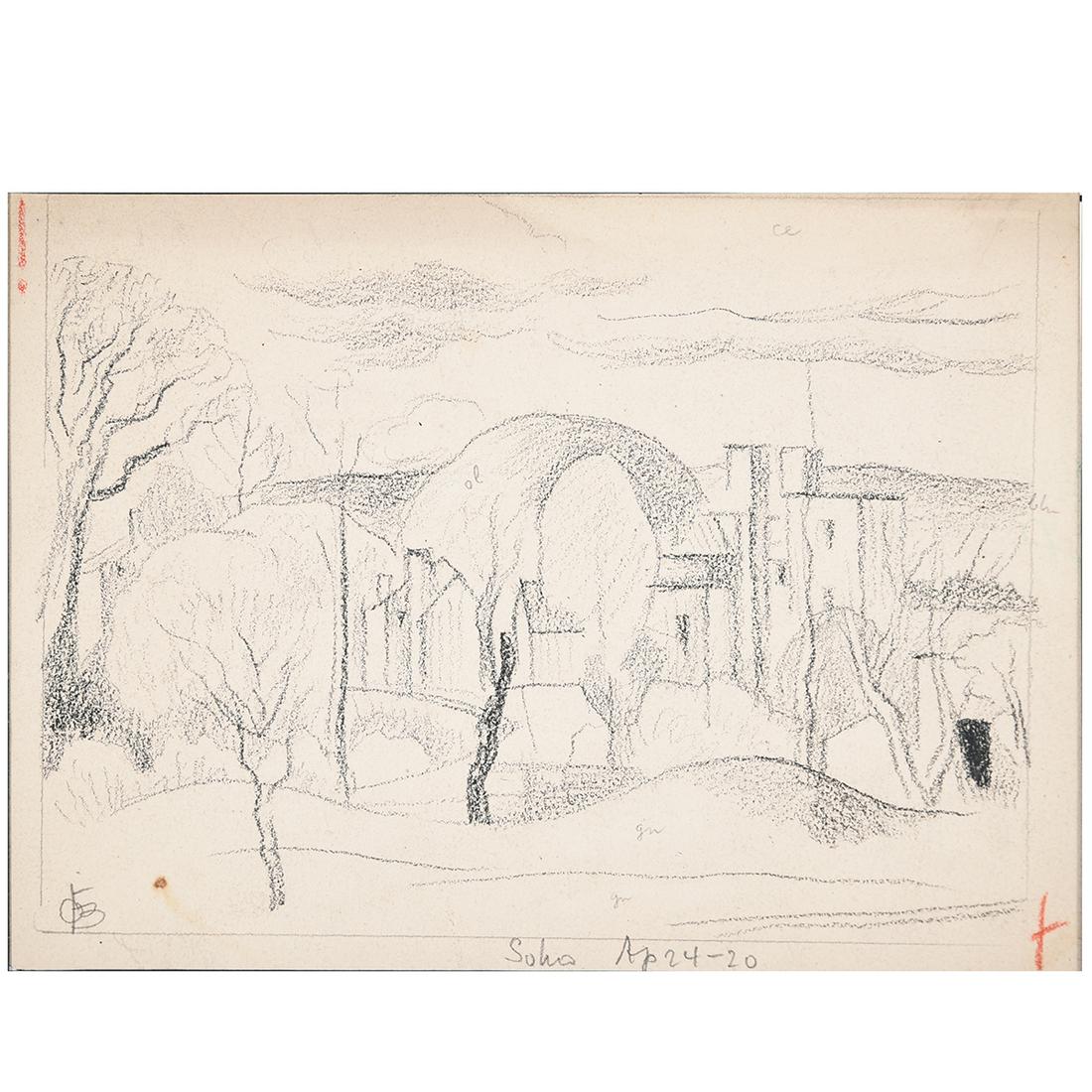 Oscar Bluemner "Soho 20-24" pencil on paper: OSCAR BLUEMNER (American / German 1867-1938) "Soho Ap 24-20" (Old Club House Soho) Pencil on toned paper. Sheet: 5 1/2 x 7 5/8 inches; Frame: 14 x 17 inches. Signed with artist monogram lower left cor