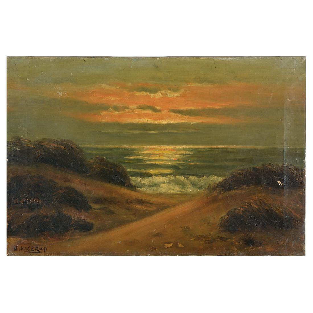 Nels Hagerup "Sunset Coastal Scene" oil on canvas: NELS HAGERUP (American 1864-1922) "Sunset Coastal Scene" Oil on canvas. 16 x 24 1/4 inches. Signed lower left: N. Hagerup. CONDITION: In overall good condition; small patch of missing paint right side