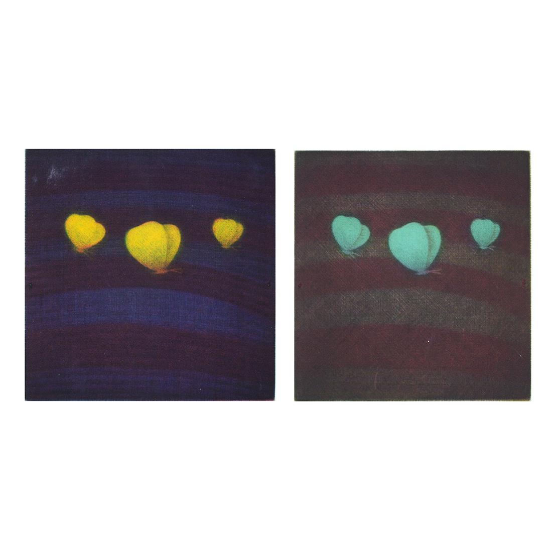 Yoko Hamaguchi 2 "Three Butterflies" mezzotint: YOZO HAMAGUCHI (Japanese 1909-2000) "Three Yellow Butterflies" and "Three Teal Butterflies" Mezzotint. Sheet: 14 3/4 x 12 3/4 inches. Sheet: 15 x 13 1/8 inches. Signed in pencil lower right: Hamaguchi