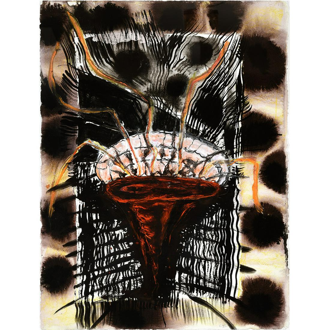 Gregory Amenoff "V.XIII. 1991" mixed media on paper: GREGORY AMENOFF (American b. 1948) "V. XII" Mixed media on paper (ink and watercolor). Sheet: 30 x 23 inches; Frame: 35 x 27 1/2 inches. Signed, dated and titled lower left: Amenoff 91 V. XII. Victori