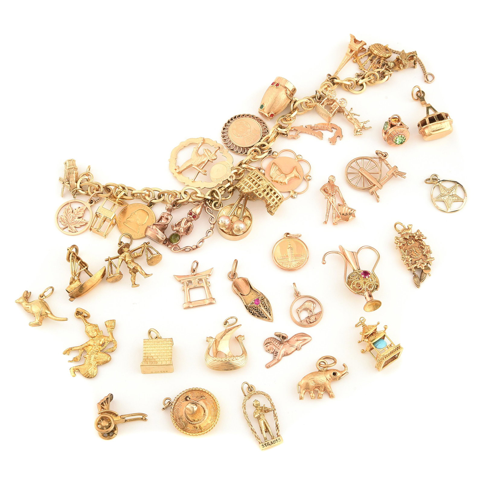 Multi-Stone, Yellow Gold Charm Bracelet with Loose: Multi-Stone, Yellow Gold Charm Bracelet with Loose Charms. The 18k yellow gold fancy open link measuring approximately 6.5 mm in width, completed by a spring ring clasp with safety chain, forming a 7 