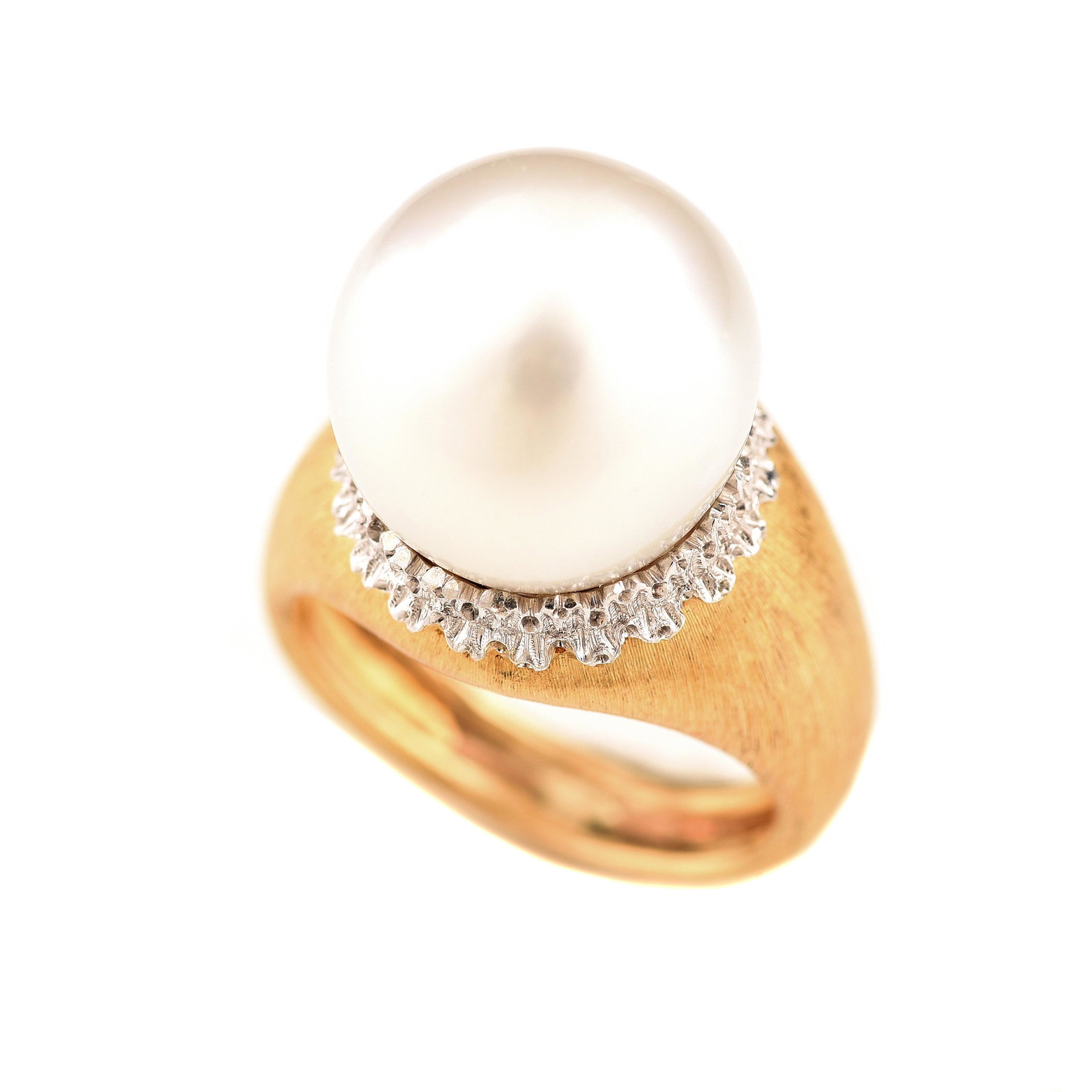 Buccellati South Sea Cultured Pearl, 18k Gold Ring.: Buccellati South Sea Cultured Pearl, 18k Gold Ring. Featuring one round south sea cultured pearl measuring approximately 13.4 mm, set in an 18k yellow and white gold textured mounting. {Size: 5 1/2, G