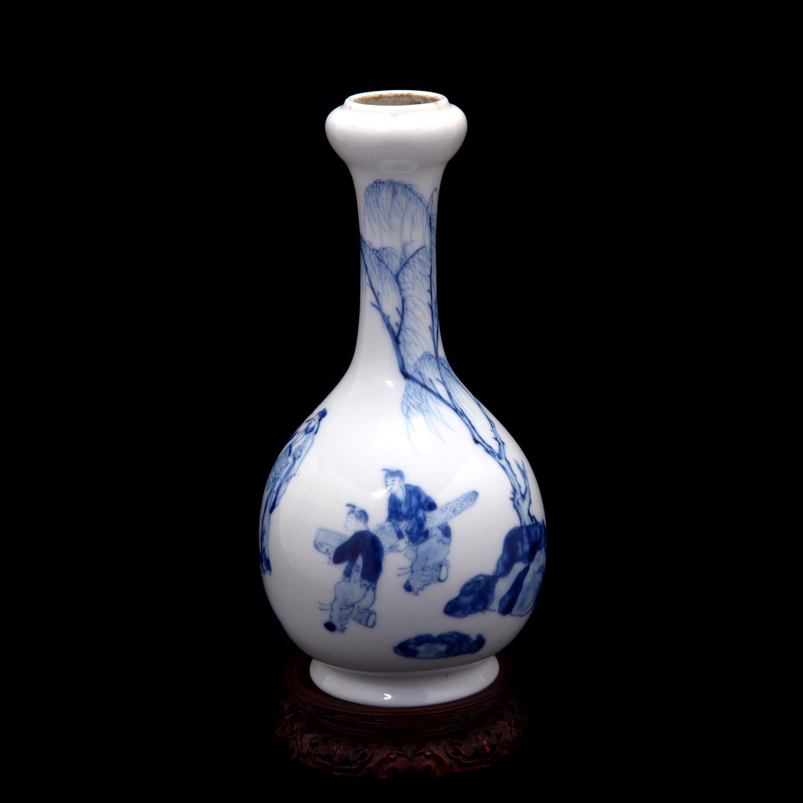 Chinese Garlic Head Pear Shape Blue and White Vase.: Chinese Garlic Head Pear Shape Blue and White Vase. Possibly Ming Dynasty. depiting figures under willow tree, with a carved hardwood base. {Approximate height, 9 inches}. [Condition: Minor chips, dam