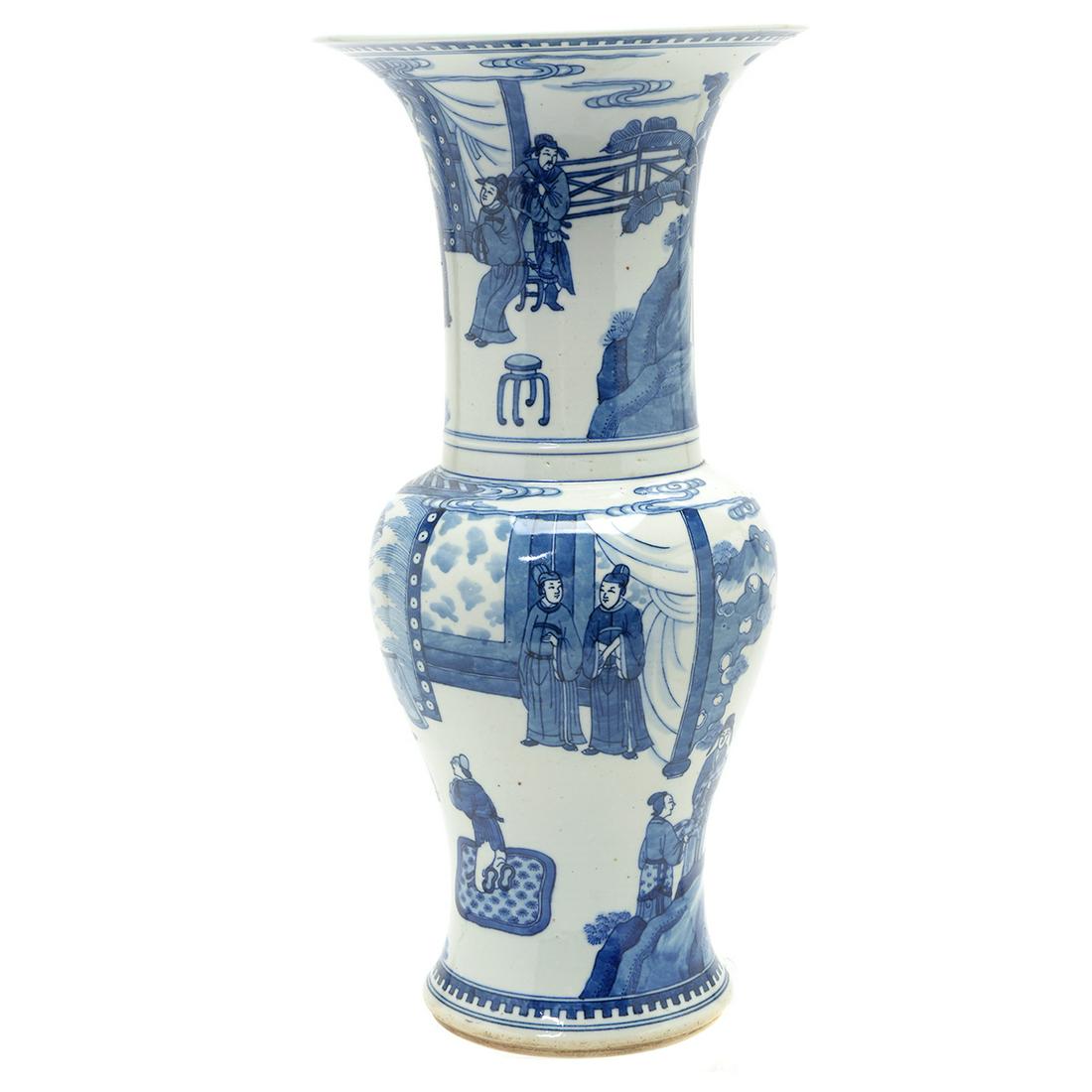 Chinese Blue and White Figural Beaker Vase.: Chinese Blue and White Figural baluster Vase. Molded with a flared rim to the tall trumpet neck, the body of inverted pear form spreading outward above a set-in foot ring, _x000B_Painted in cobalt wit
