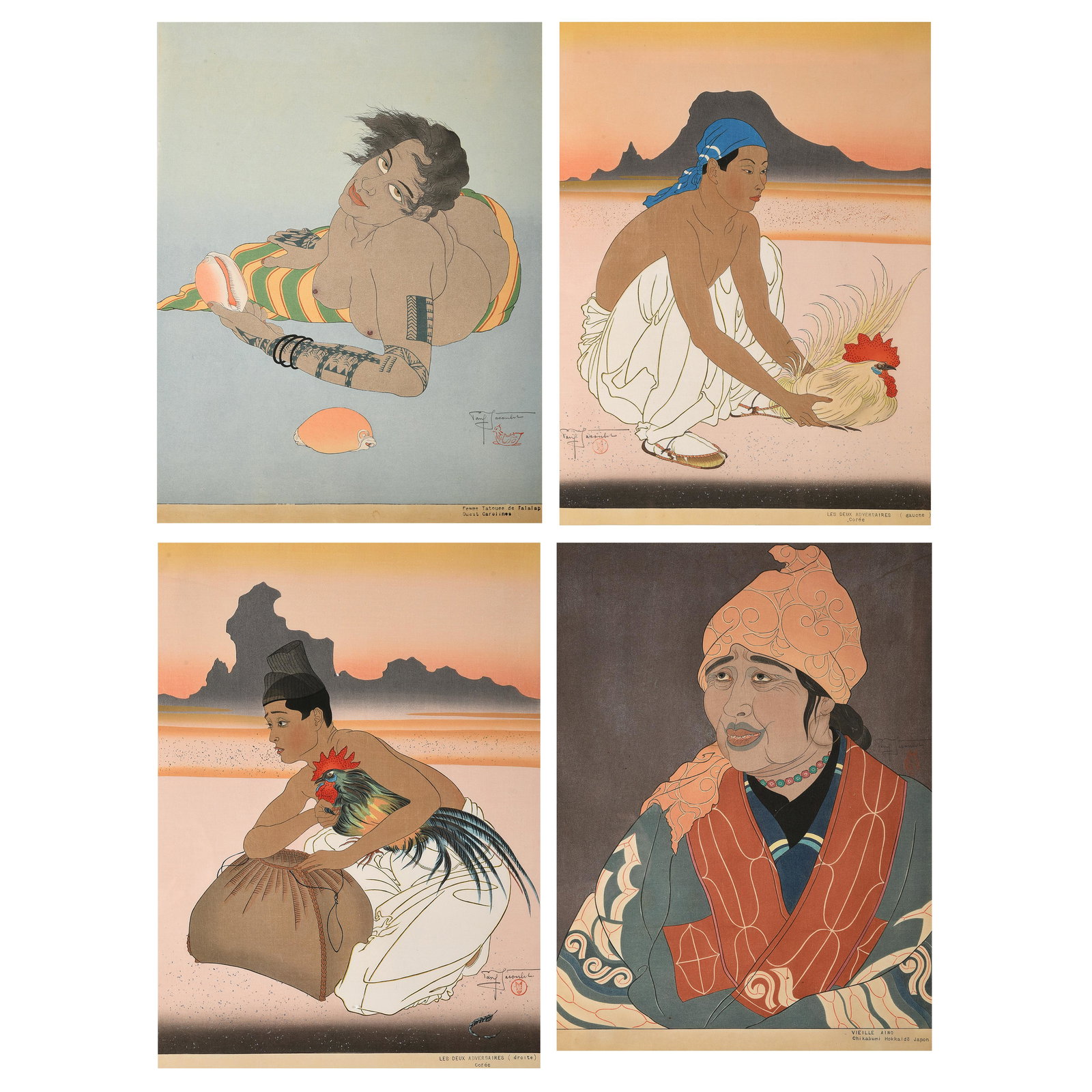 Group of Four Japanese Woodblook Prints, Paul Jacoulet (1 of 5)