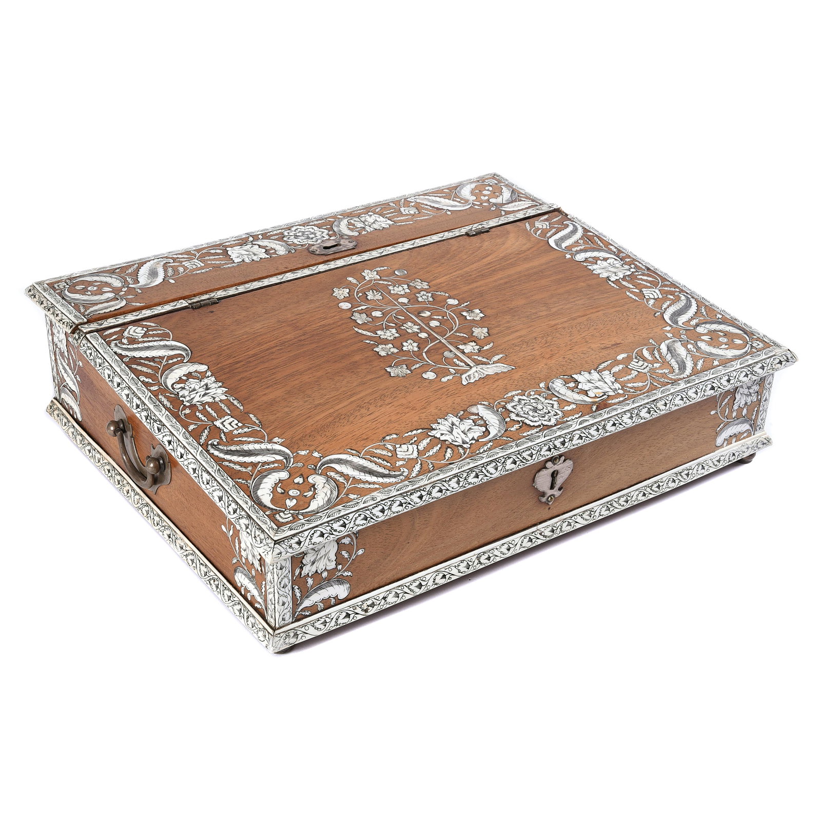 19th Century Anglo-Indian Etched Ivory Inlaid Hardwood: 19th Century Anglo-Indian Etched Ivory Inlaid Hardwood Writing Box Bone inlaid foliate motif, two hinged door compartments, with silver-metal handles and feet. 19th century. {Approximate dimensions: 4
