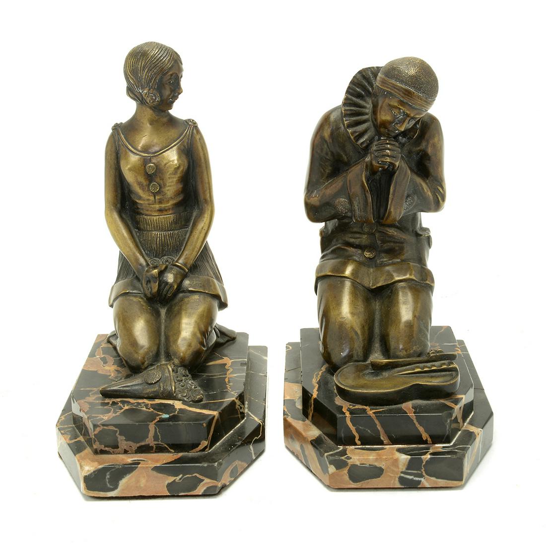 French Art Deco Period Bronze Bookends of Pierrot and (1 of 2)