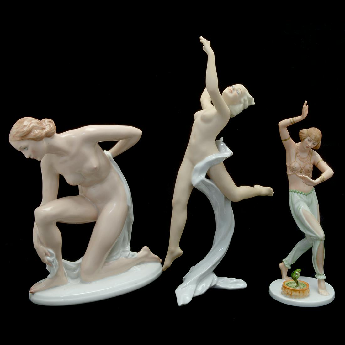 Collection of Three Rosenthal and German Art Deco: Collection of Three Rosenthal and German Art Deco Porcelain Figures. Comprising a Rosenthal Snake Charmer #1508, a Karl Lysek for Rosenthal 'After Bathing' figure #733, and a Wallendorf leaping female