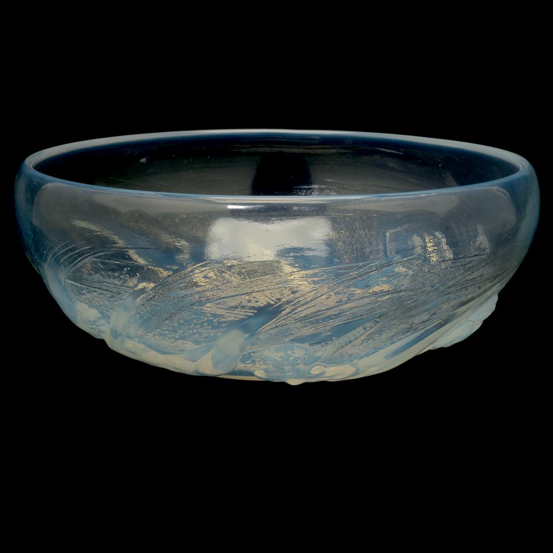 RenÃ‹ Lalique Opalescent Ondines Bowl.: RenÃ‹ Lalique Opalescent Ondines Bowl. Round bowl with nude females in relief along the sides. Inscription to the underside, 'R Lalique France'. First half 20th century. {Approximate dimensions: 3 