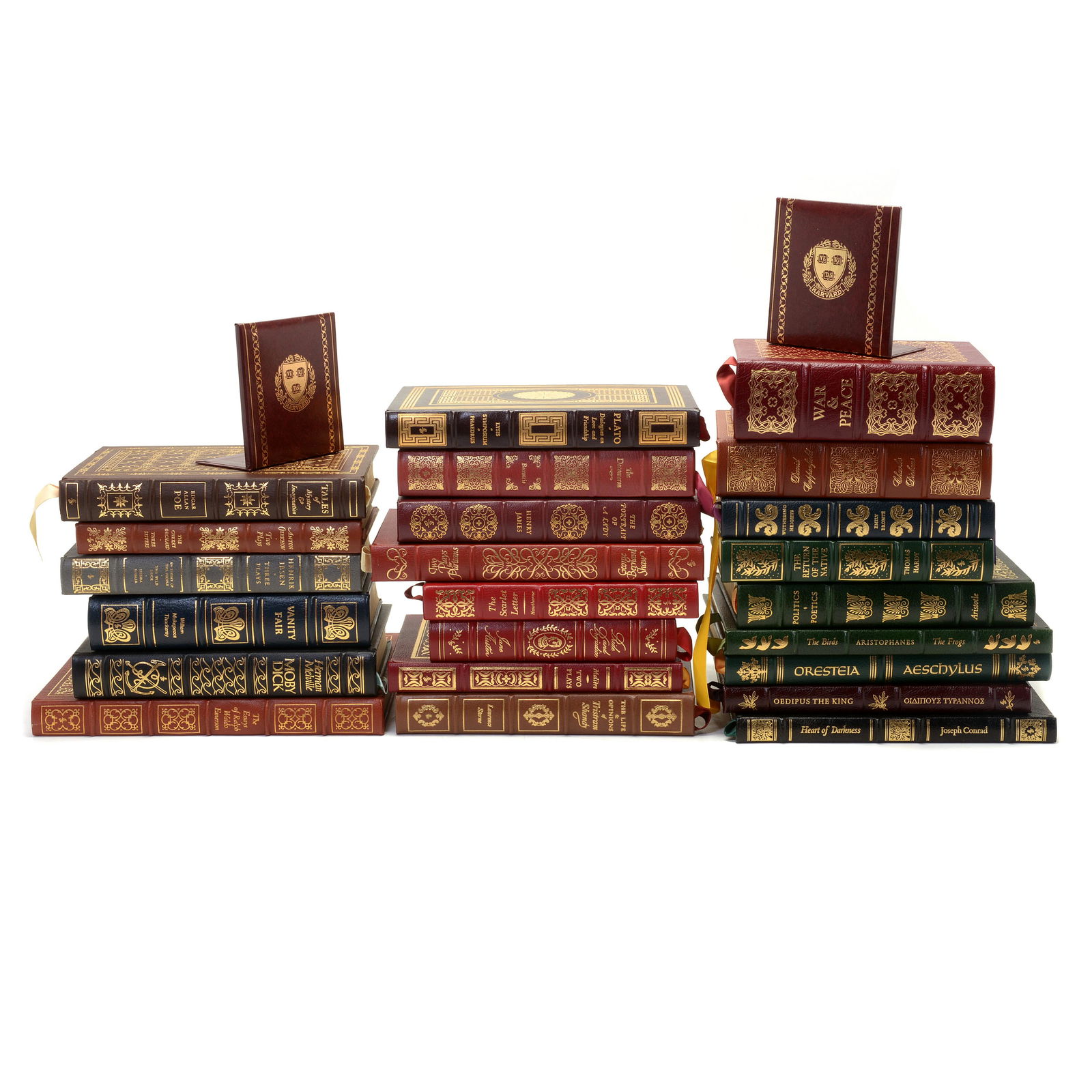 Collection of Leather Bound Famous Books, Including: Collection of Leather Bound Famous Books, Including Plato, War & Peace, and Moby Dick. 23 volumes total, with a pair of leather wrapped bookends. All volumes are contemporary. Condition: Excellent, mi
