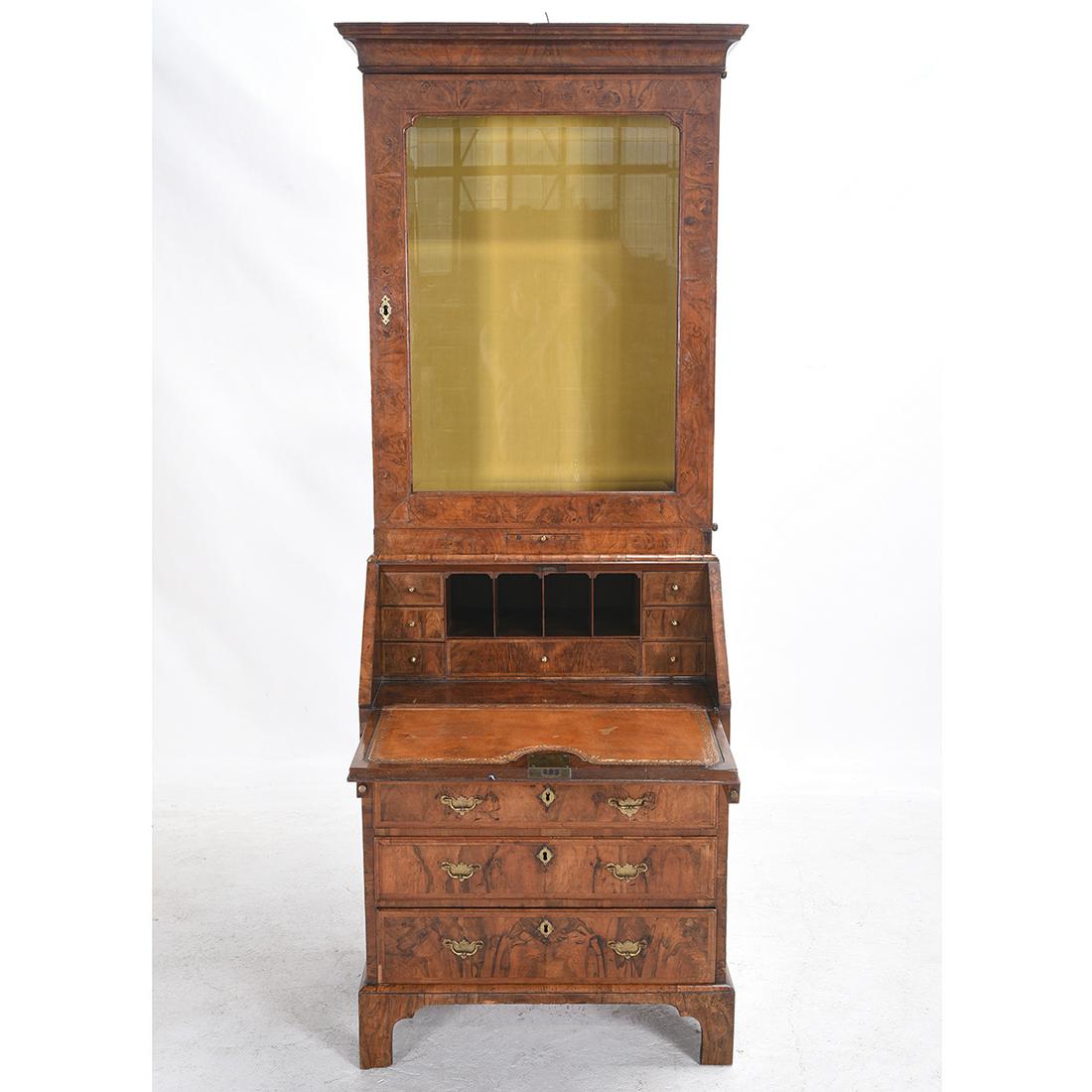Georgian Burl Walnut Drop Front Secretary Book Case. (1 of 2)