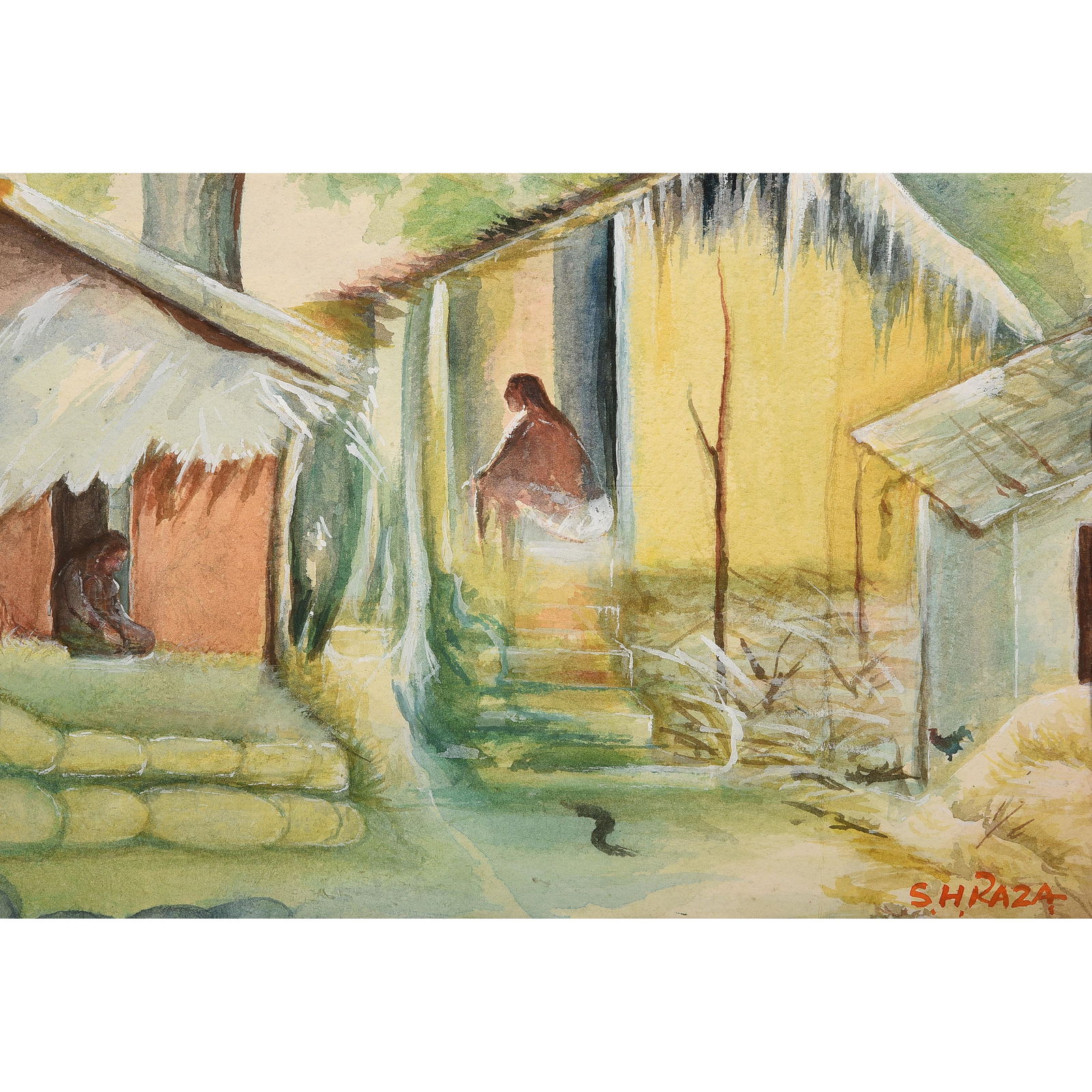 Syed Haider Raza "Village Scene" watercolor (1 of 6)