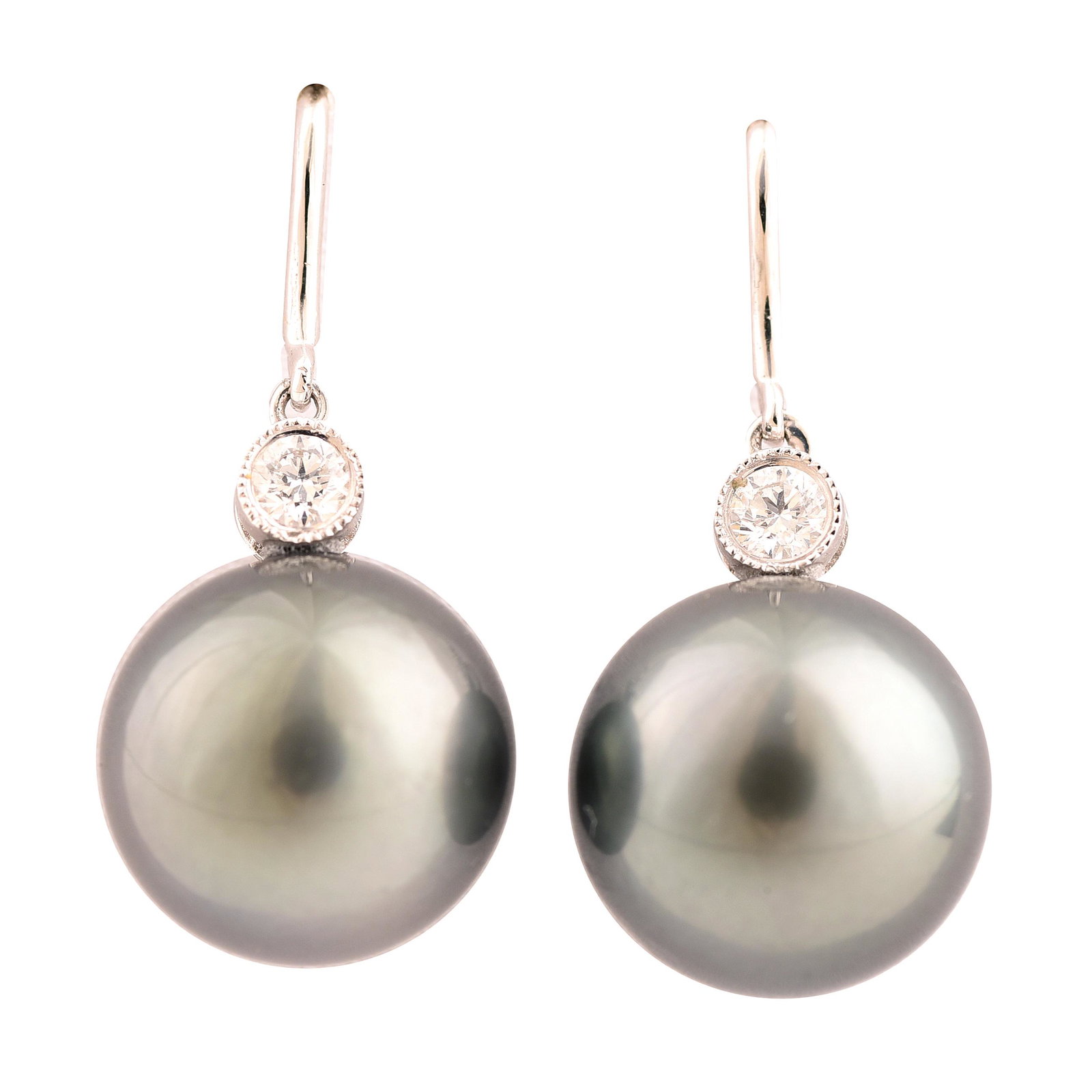 Pair of Tahitian Cultured Pearl, Diamond, 18k White: Pair of Tahitian Cultured Pearl, Diamond, 18k White Gold Earrings. Each featuring one Tahitian cultured pearl measuring approximately 11.5 mm, accented by one round brilliant-cut diamond weighing appr