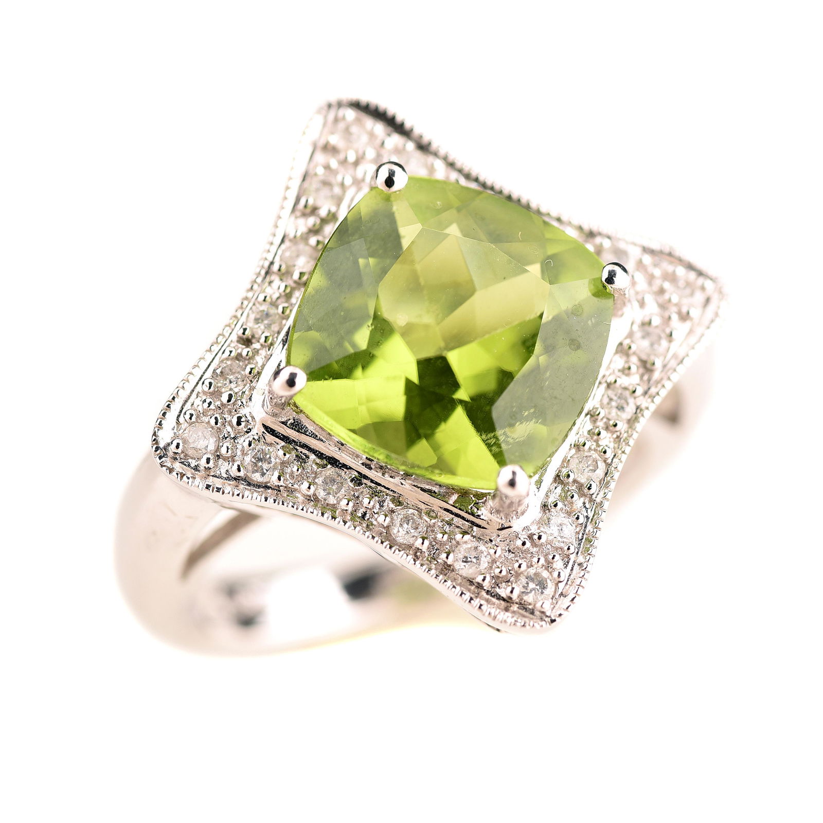 Peridot, Diamond, 14k White Gold Ring. (1 of 2)
