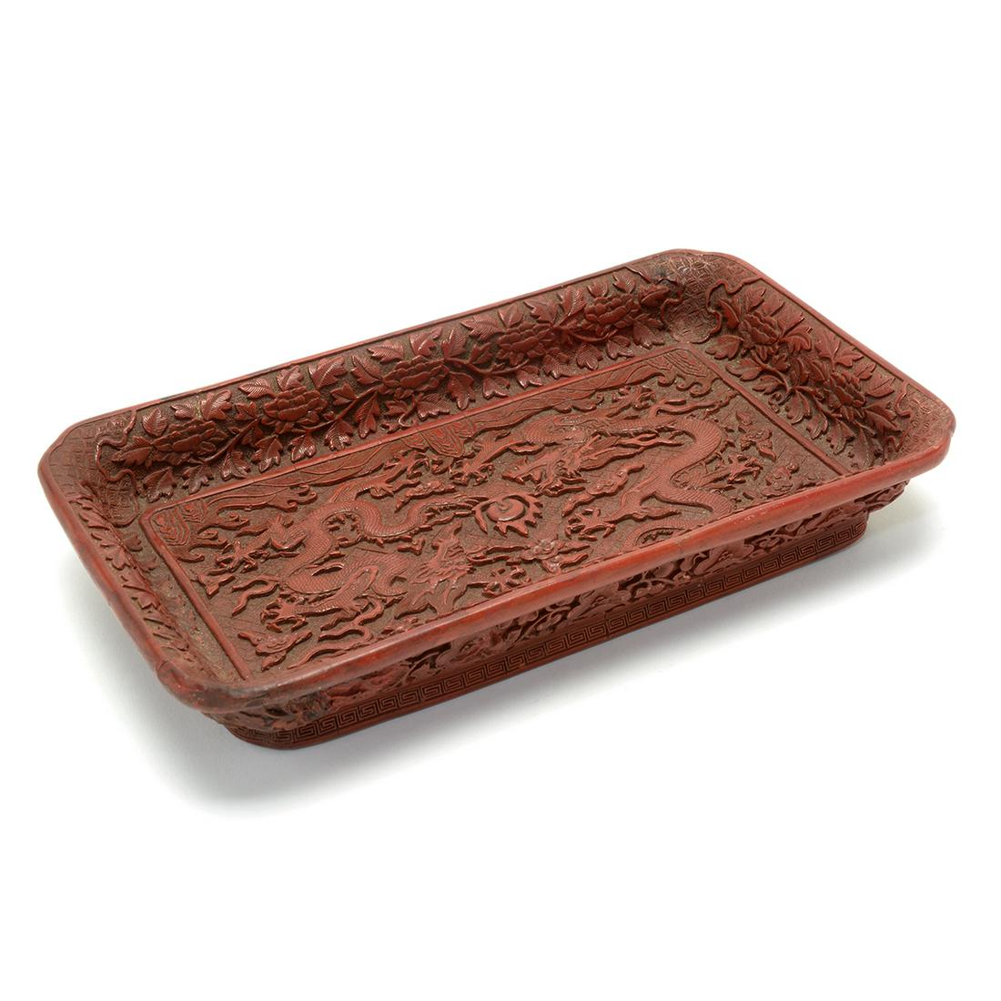 Chinese Cinnabar Color Dragon Motif Plate. (1 of 3)