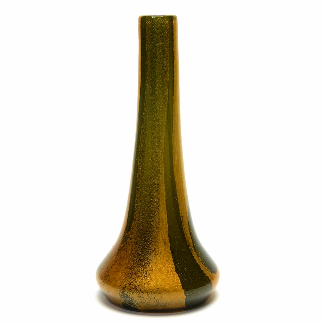 Loetz-Type Ophir Vase.: Loetz-Type Ophir Vase. Long and slender neck with abody that bulges towards the bottom. Gilt striping on a very dark green ground. Small remnant of an old paper label to the underside. {Approximate di