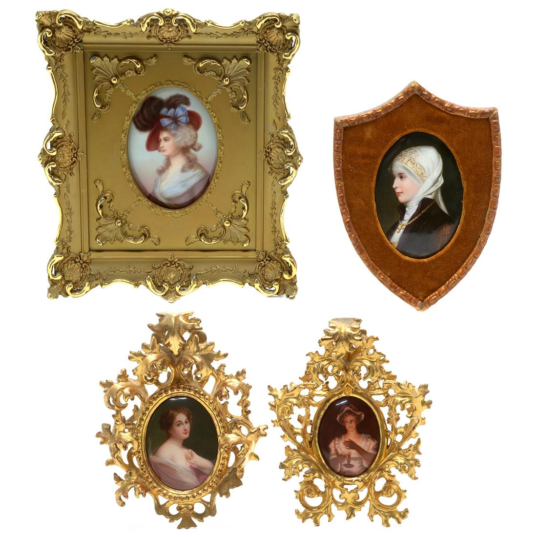 Four Framed Portraits on Porcelain of Young Women.: Four Framed Portraits on Porcelain of Young Women. One of a nun in a white head covering with a copper-painted shield form frame, female in a large hat with a gilt-wood frame, female holding a candle