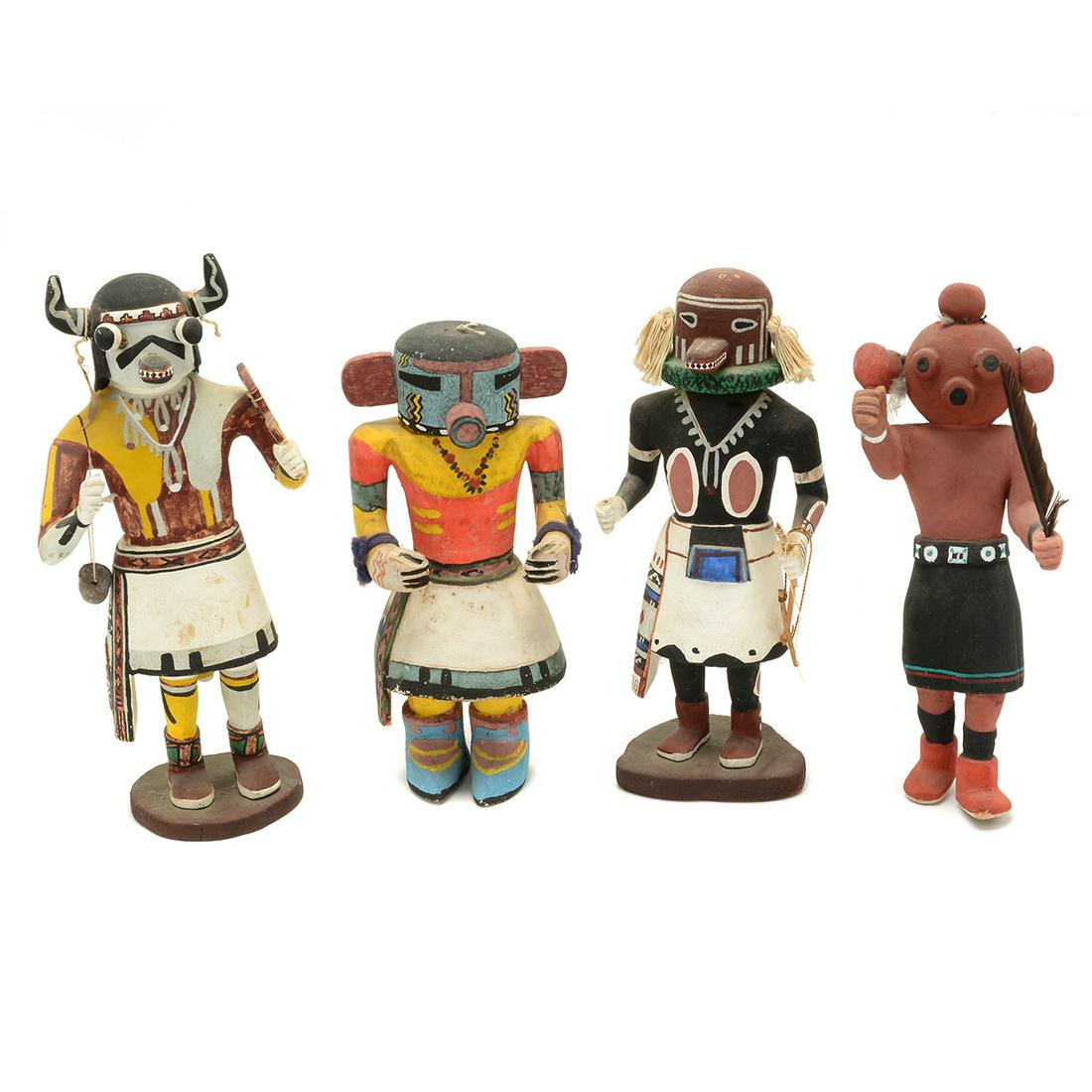 Lot of Four Kacina Dolls with Related Literature.: Lot of Four Kacina Dolls with Related Literature. Comprising a Lightning doll, Mudhead Clown doll, Buffalo doll, and a Squirrel doll. Literature includes 'This is a Hopi Kachina' from the Museum of No