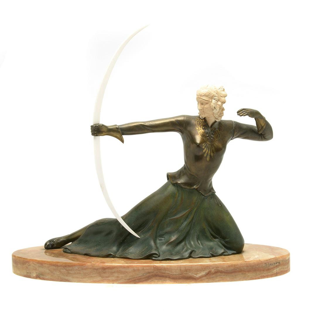 French Art Deco Bronze Huntress, Signed.: French Art Deco Bronze Huntress, Signed. Kneeling two-tone bronze huntress with a bow, set on a brown marble base. Base signed 'D. Laurens'. Circa 1930. {Approximate dimensions: 17 high x 19 wide x 6 