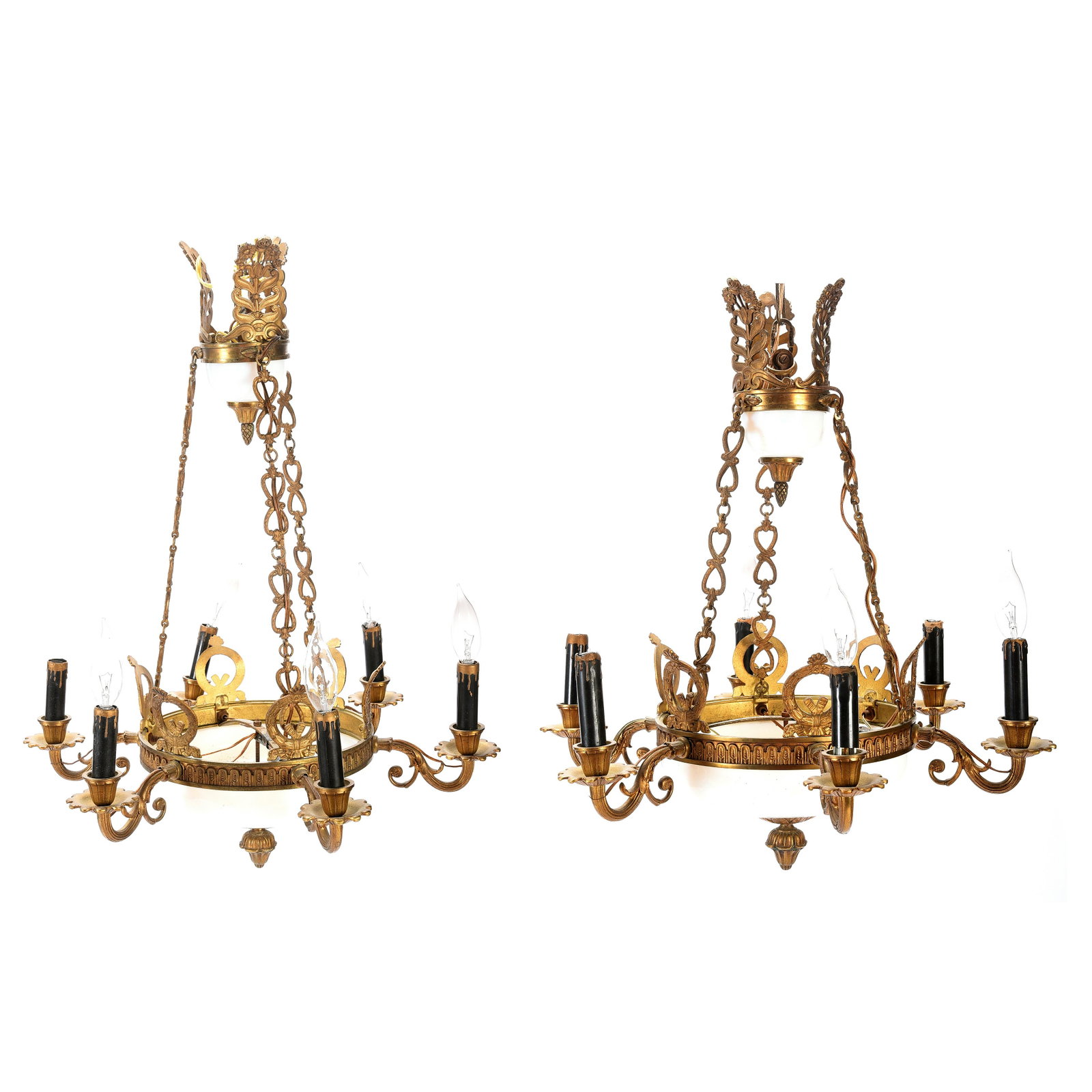 Pair of Six-Light Gilt Metal Renaissance Revival: Pair of Six-Light Gilt Metal Renaissance Revival Ceiling Hanging Lights. With milk glass shades. {Approximate dimensions: 22 inches diameter x 23 inches high.}. Condition: Very minor wear overall.
